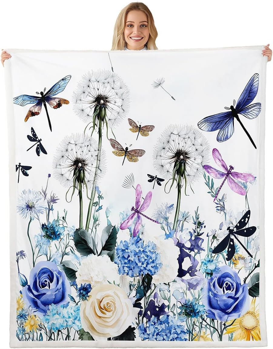 Dragonfly Gifts for Women,Dandelion Fleece Blanket Colorful Butterfly Dragonflies Blanket for Lady Girls,Floral Throw Blanket Botanical Flannel Blanket Rustic Aesthetic Animal Room Decor 60"x80"