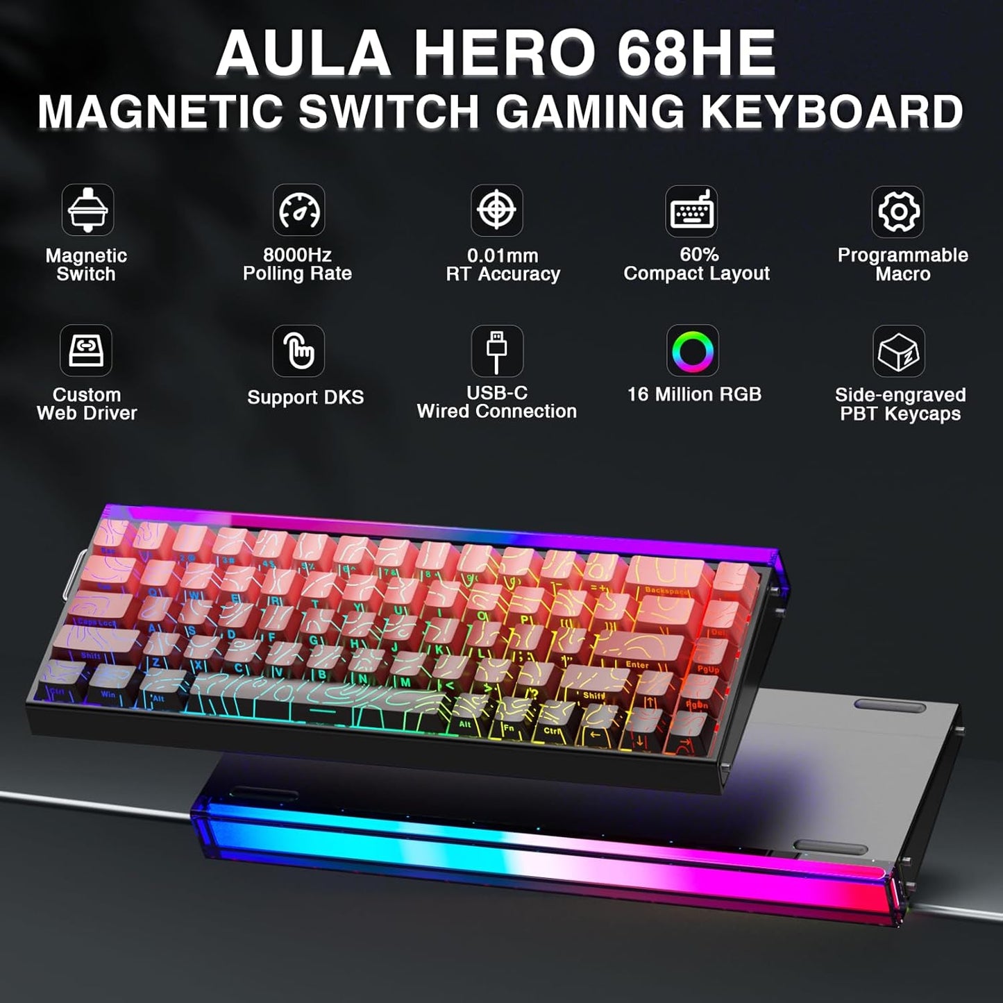 AULA Hero 68 HE 60% Gaming Keyboard Wired, Hall Effect Magnetic Switch Keyboard with 8K Hz Polling Rate, Side Printed PBT Keycaps, RGB Light Box, Customizable Web Software for PC/Mac Gamers