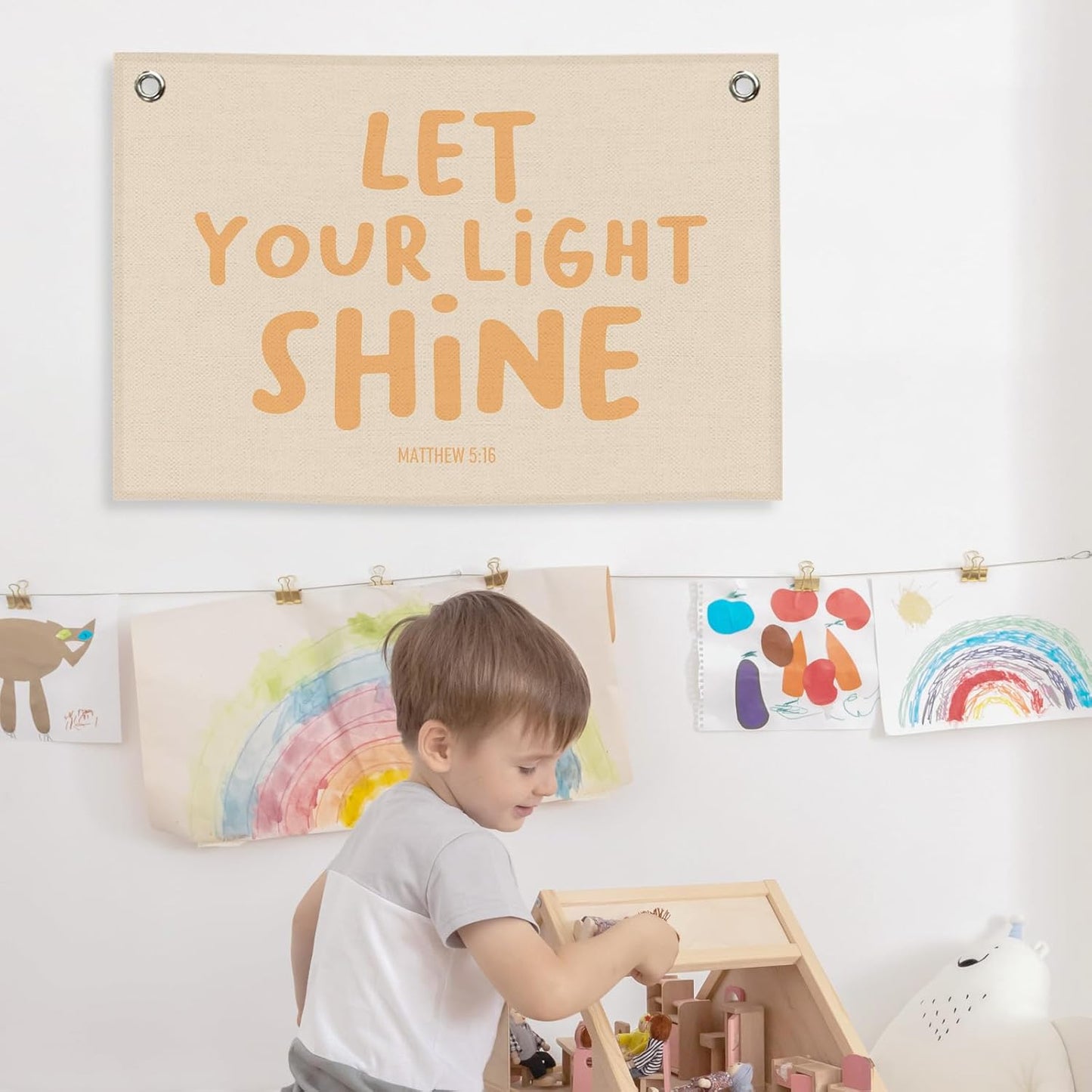 Christian Inspirational Kids Banner Canvas, Bible Verse Let Your Light Shine Toddler Room Decor, Positive Hanging Flag Sign, Nursery Wall Tapestry Art for Playroom Bedroom Classroom 20x30in