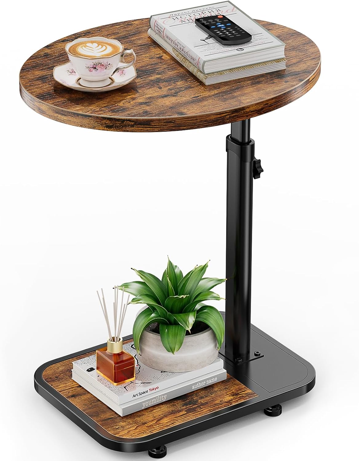 TV Tray Table with Infinite Adjustable Height - C-Shaped Sofa End Side Table for Snack Laptop Desk Small Spaces (Brown)
