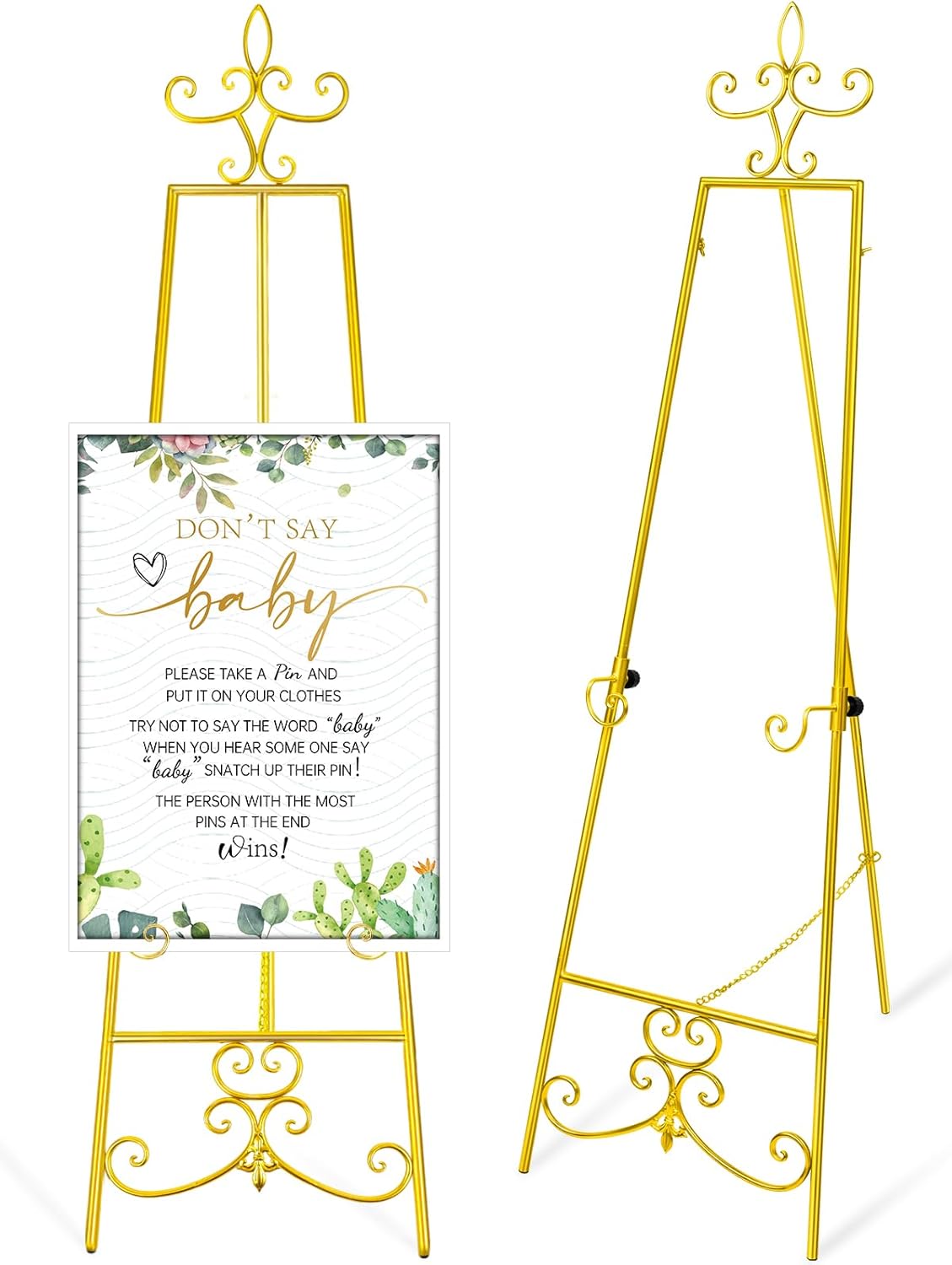 57'' Gold Easel Stand for Sign, Heavy Duty Metal Display Stand with Adjustable Chain, Vintage Decor Art Easel for Display, Picture Frame Stands for Wedding Welcome Sign Posters Painting