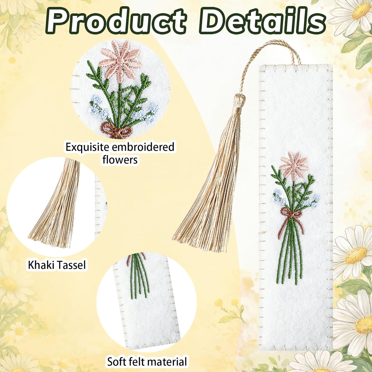 2 Pcs Embroidery Felt Bookmarks Floral Patterns Bookmark with Tassels Handmade Flower Bookmark Cute Book Markers for Reading Adults School Office Book Lovers Gifts
