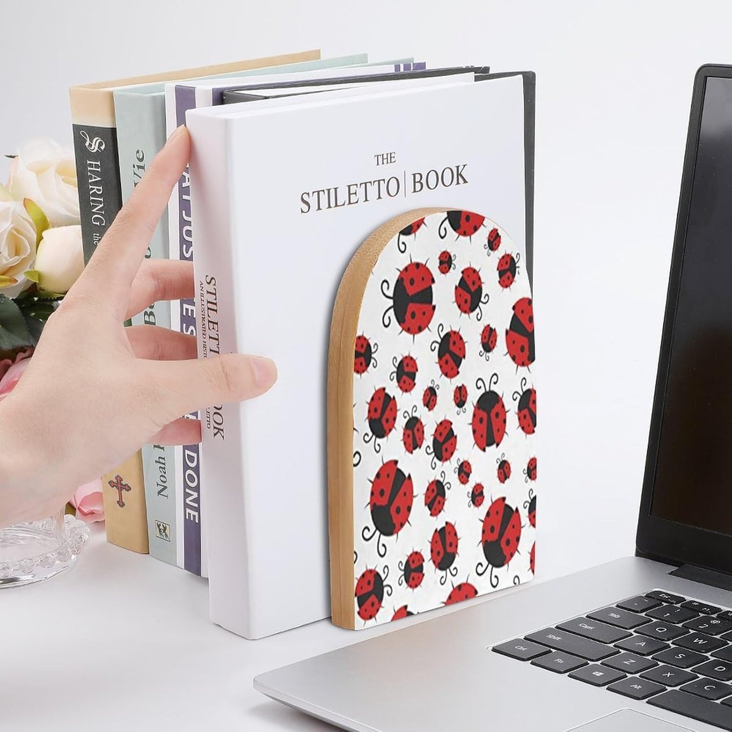 Funny Ladybug Wooden Bookend Non-Slip Book Ends Heavy Duty Book Stopper with Metal Base Books Holderd Decorative Bookends Stands Firmly for Office Supplies