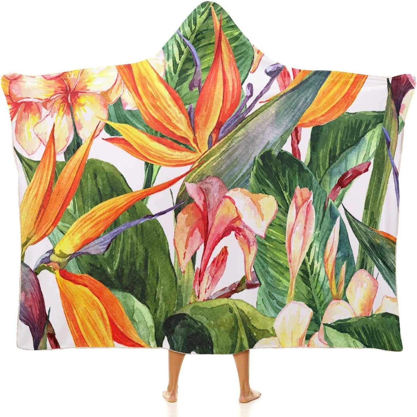 Throw Blankets, Tropical Women Men Hooded Blanket, Exotic Flowers Bird of Paradise, Soft Warm Cozy, 40 x 50inches, Studying Reading Snuggling Napping Office, Multicolor