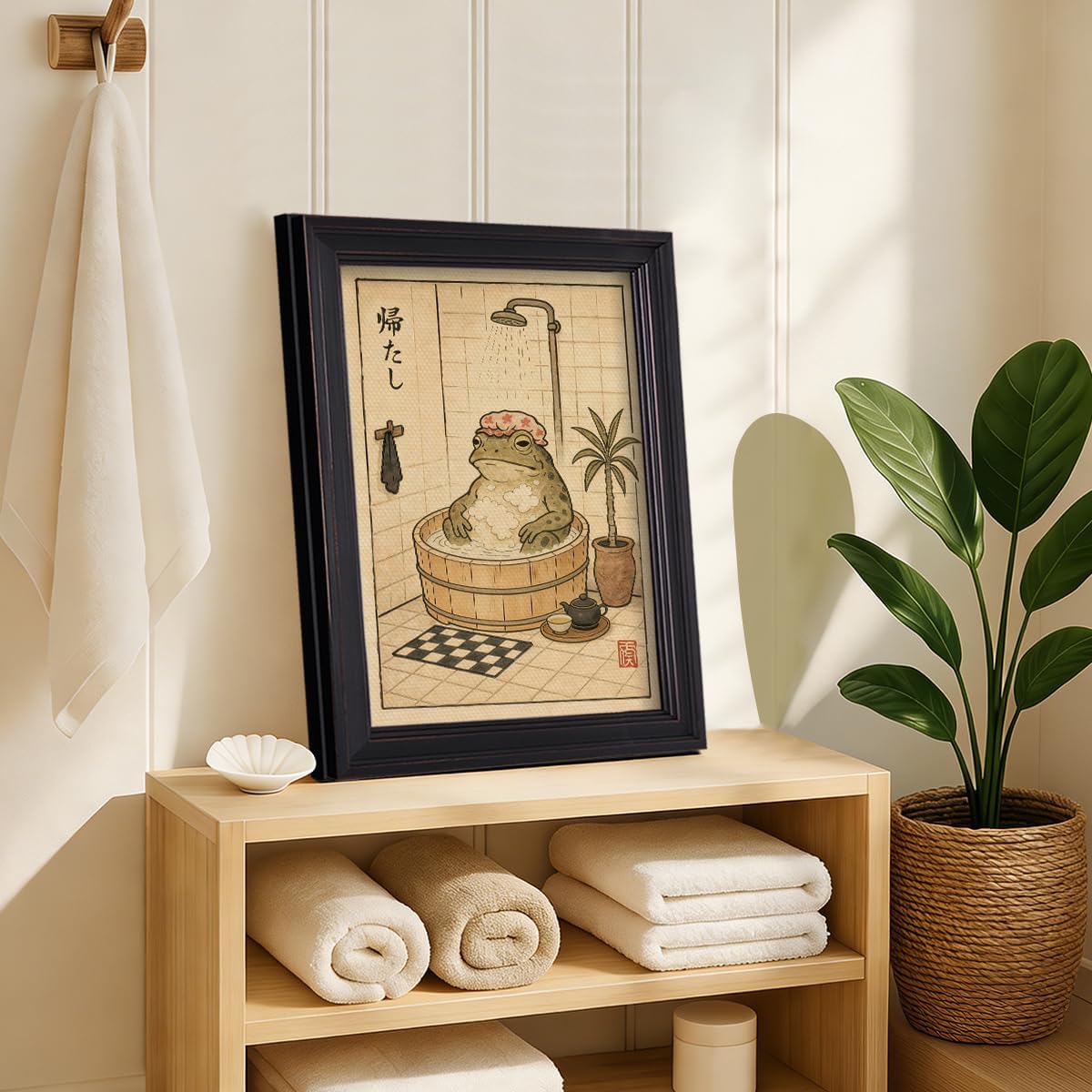 Framed Japanese Frog Bathroom Canvas Wall Art, Vintage Sage Green Shower Cap Frog Aesthetic Poster, Funny Bathroom Animal Picture Print, Asian Japandi Wall Decor for Restroom Washroom 8x10in