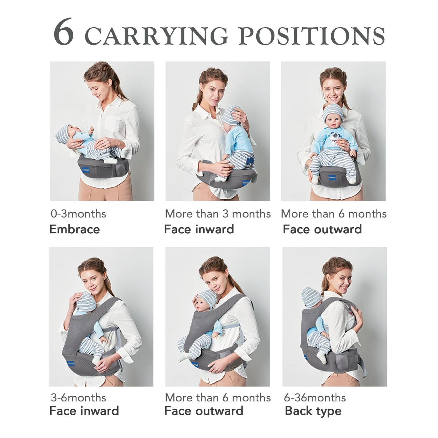 Baby Carrier with Hip Seat, 6-in-1 Baby Carrier Newborn to Toddler, Adjustable Detachable Infant Baby Hip Seat Carrier for 0-36Months (Grey)