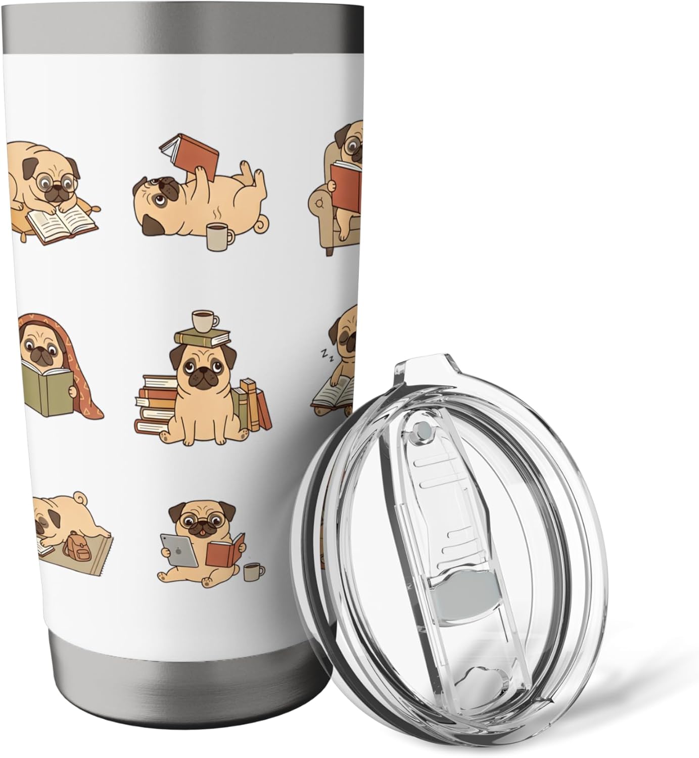 Cute Reading Pugs Book Lover Library Coffee Stainless Steel Insulated Tumbler