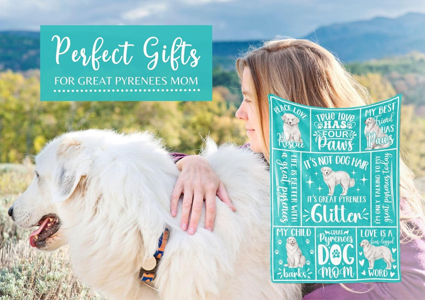 Great Pyrenees Gifts for Women, Throw Blanket for Christmas, Birthday, Mother's Day - 50" x 65" (Teal)