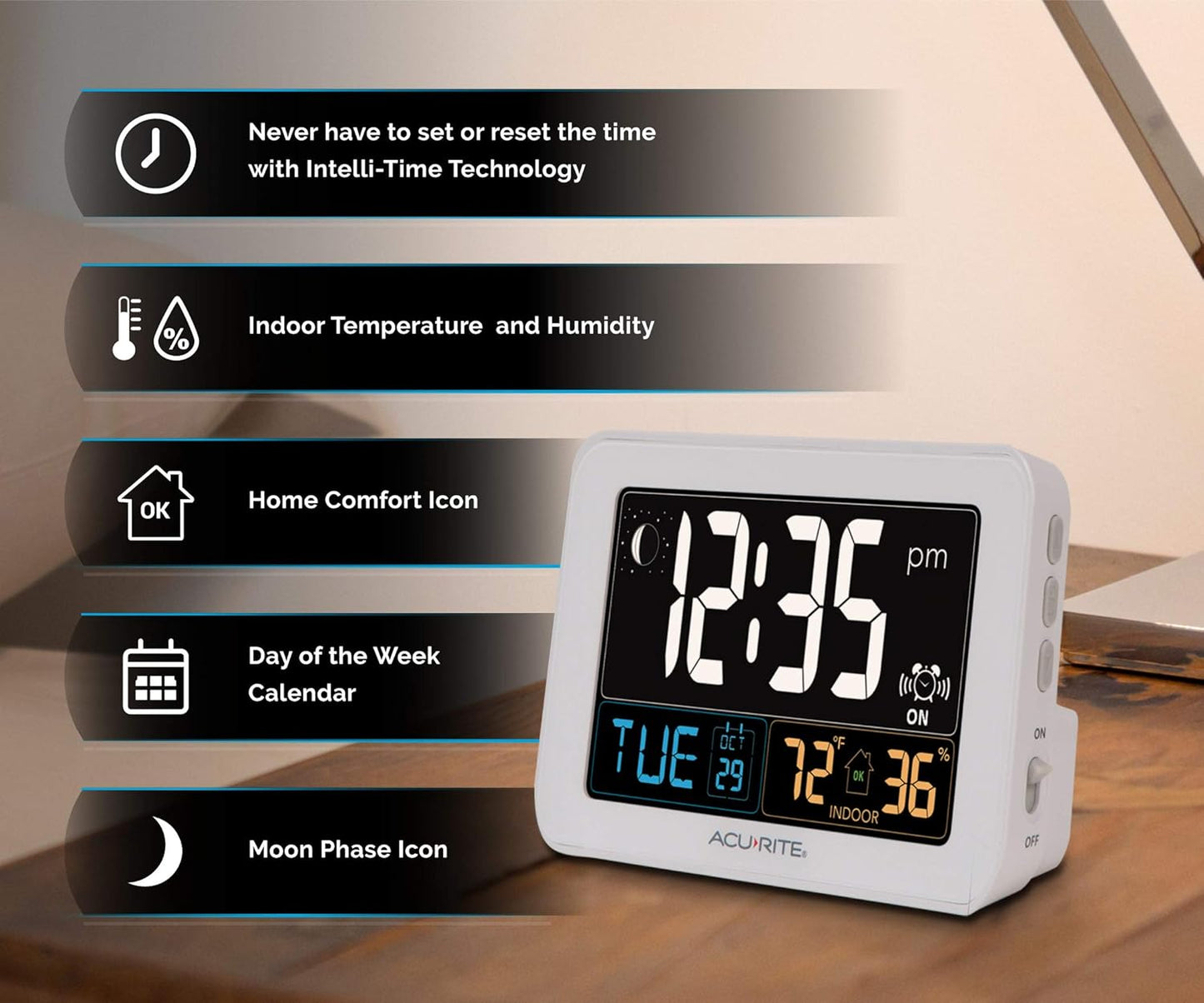 AcuRite Intelli-Time Digital Alarm Clock for Bedroom with USB Charger, Indoor Temperature and Humidity for Heavy Sleepers (13040CA)