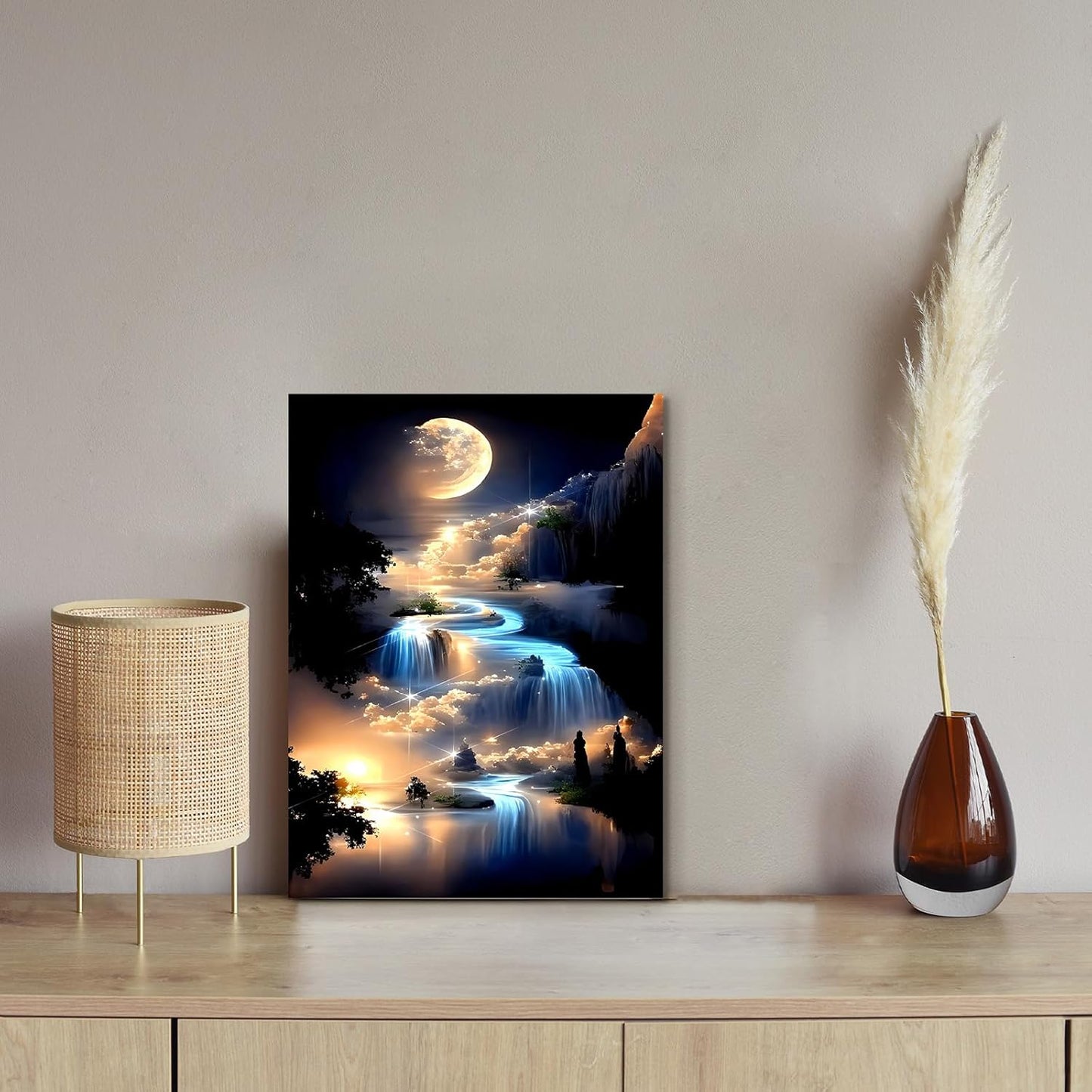 Wall Art Framed Canvas Wall Art Landscape Moonlight Waterfall Artwork for Bedroom Living Room Wall Decor Pictures Decor Room Decor 12x16 Inch