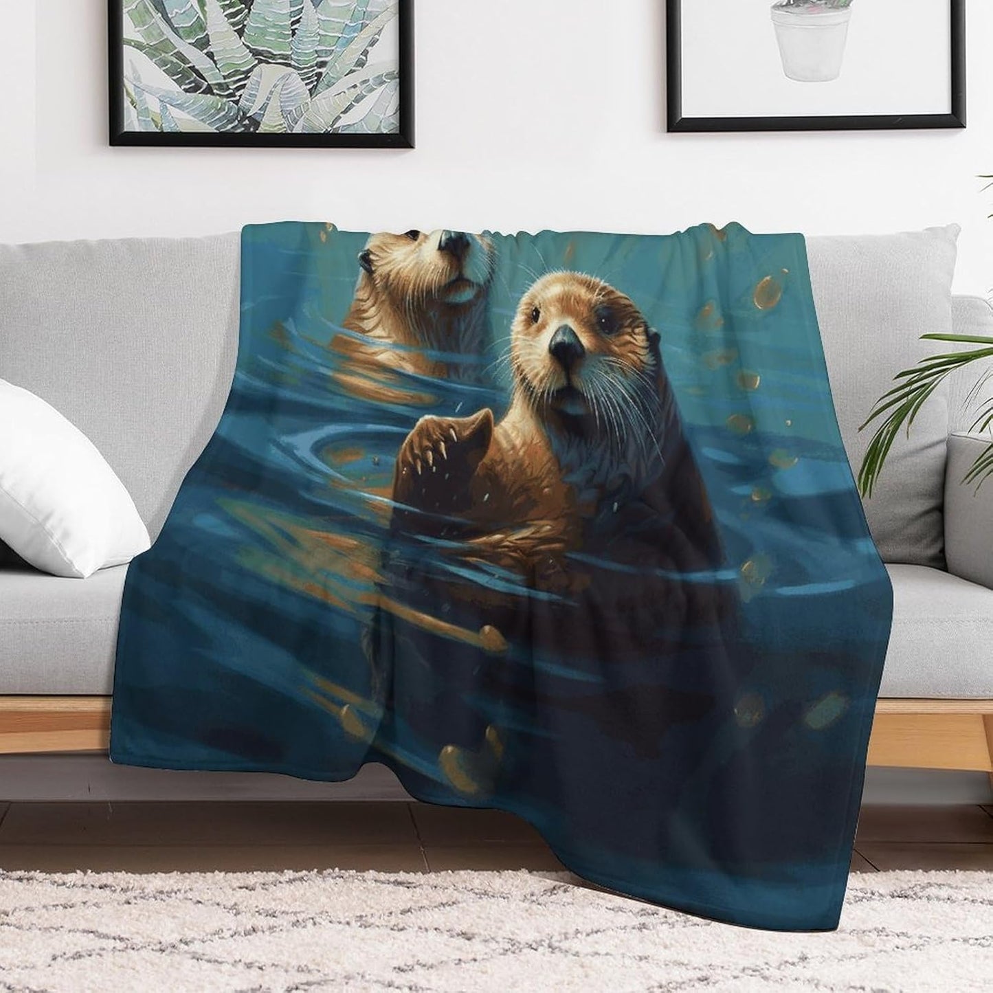 Sea Otters Painting Blanket Super Soft Lightweight Throw Blanket Cute Cozy Warm Bed Blanket Decorative Fuzzy Blanket All-Season Home Decor Gift for Sofa Couch Living Room 40"*50" （100 * 130cm）