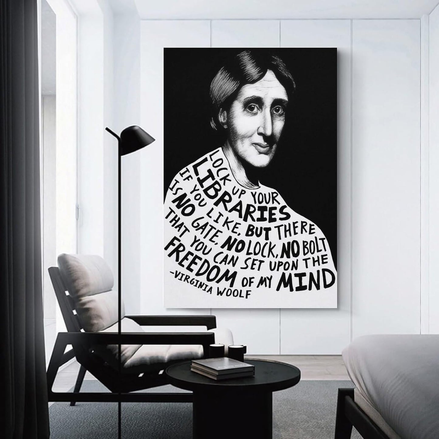 Virginia Woolf Library Freedom Quote Illustration Canvas Printing Wall Art Black White Portrait Typography Feminist Literature Prints Reading Nook Posters Book Lover Wall Decor 12x18inch(30x45cm)