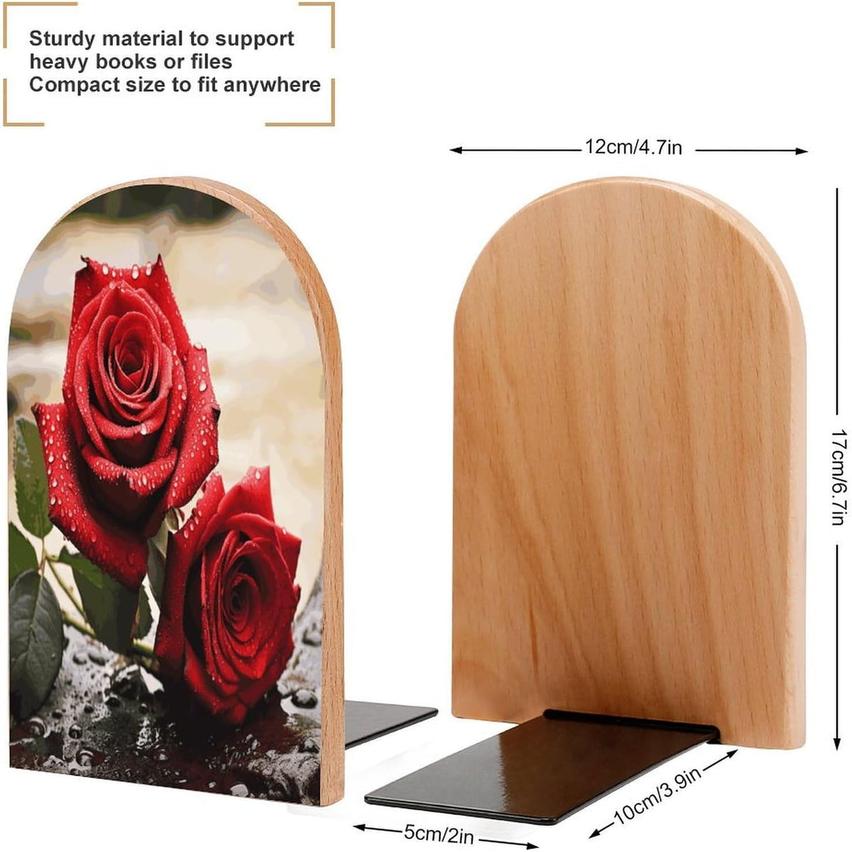 Red Rose Flowers Wooden Bookend Non-Slip Book Ends Heavy Duty Book Stopper with Metal Base Books Holderd Decorative Bookends Stands Firmly for Office Supplies