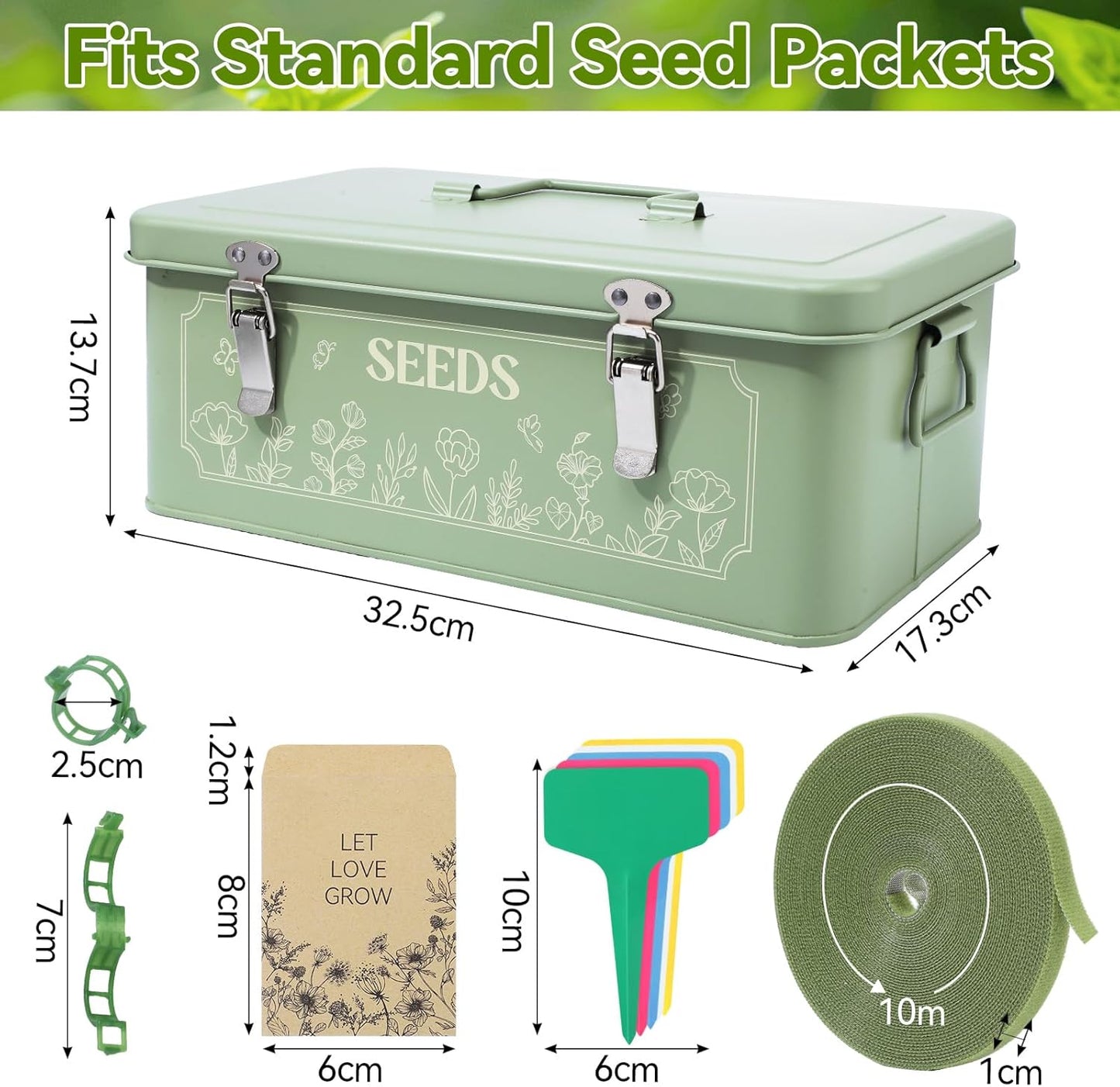 Pimoys Seed Storage Organizer, Metal Seed Saving Box with Lid, Seed Bank Container with 50 Labels 50 Envelopes 20 Plant Clips 32.8Ft Plant Tie, 4 Compartments Box Garden Seed Bin with Safety Locks