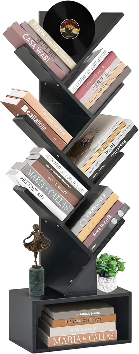 6 Tier Tree Bookshelf, Tall Narrow Wooden Bookcase with Drawer and Storage Cabinet, Freestanding Small Book Shelf Organizer for Bedroom, Living Room, Home Office, Black Display Shelf