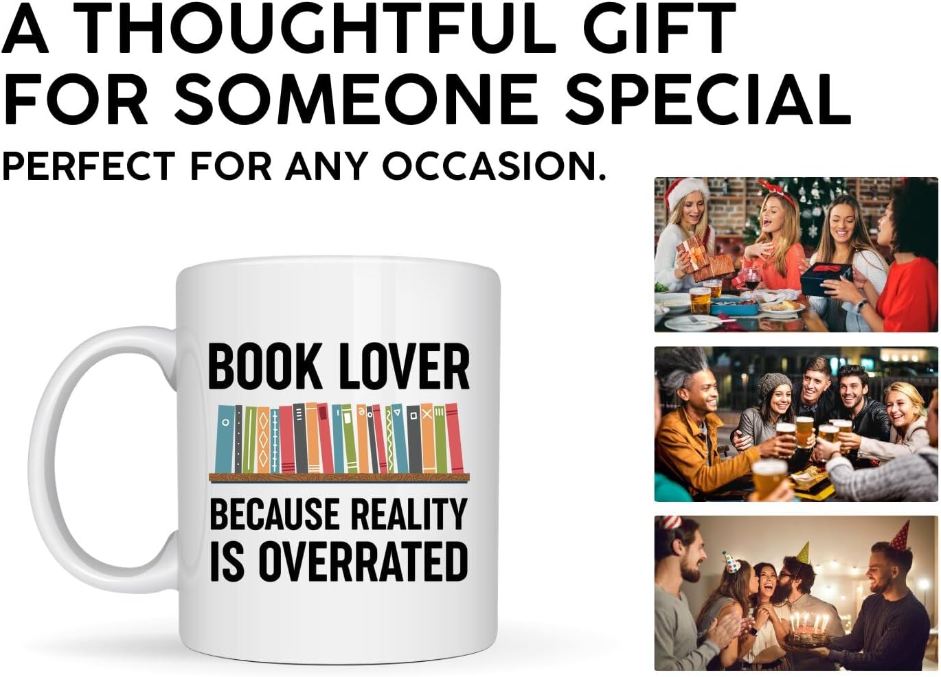 Book Lovers Coffee Mug 11oz White -Reality overrated - Book Reader Bookworm Addict Bookish Librarian Nerd Gifts Decor for Men Women