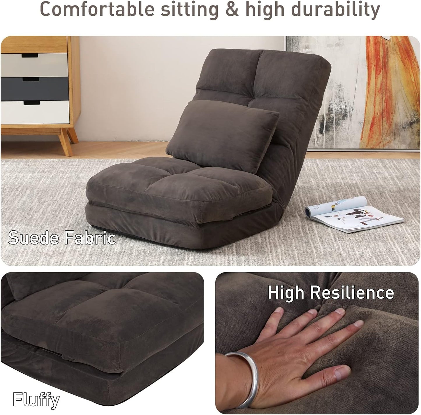 Indoor Floor Chaise Lounge Sofa Chair for Adults, 14-Angle Adjustable Recliner with Back Support & Pillow, Foldable Floor Lounger, Comfort for Living Room, Reading, Relax -Brown
