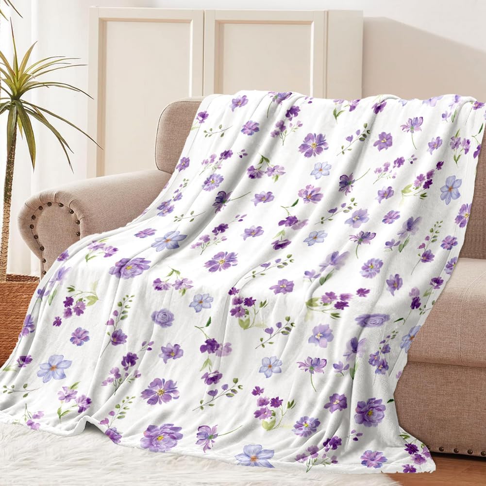 Floral Throw Blanket Purple Flowers Blanket Ultra Soft Flannel Fleece Throw Blanket Lightweight Cozy Fluffy Plush Blanket for Bed Couch Sofa 60" X 80"