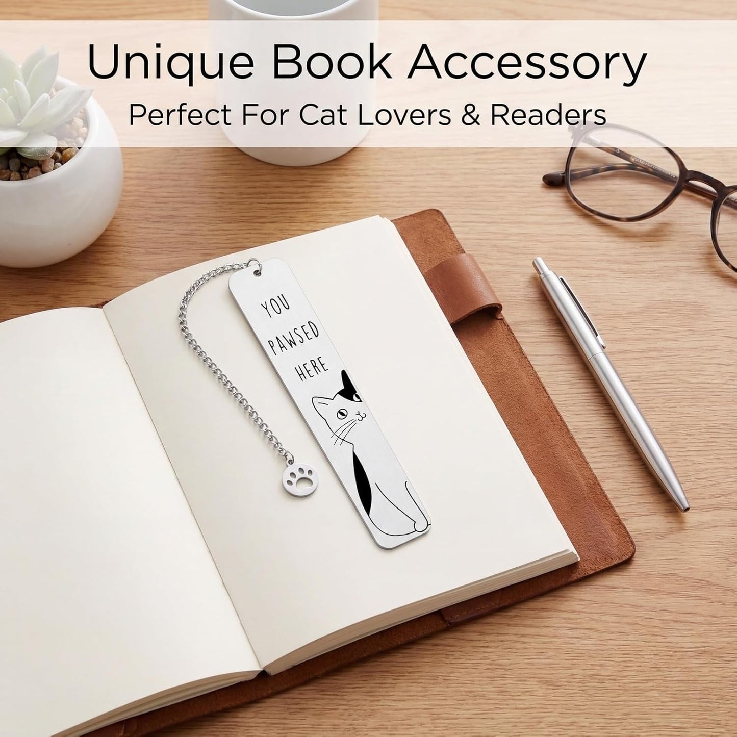 Cat Bookmark for Cat Lovers, You Pawsed Here Engraved Metal Bookmark with Paw Charm, Cute Book Lover Gifts for Women Men, Reading Accessories & Cat Gifts