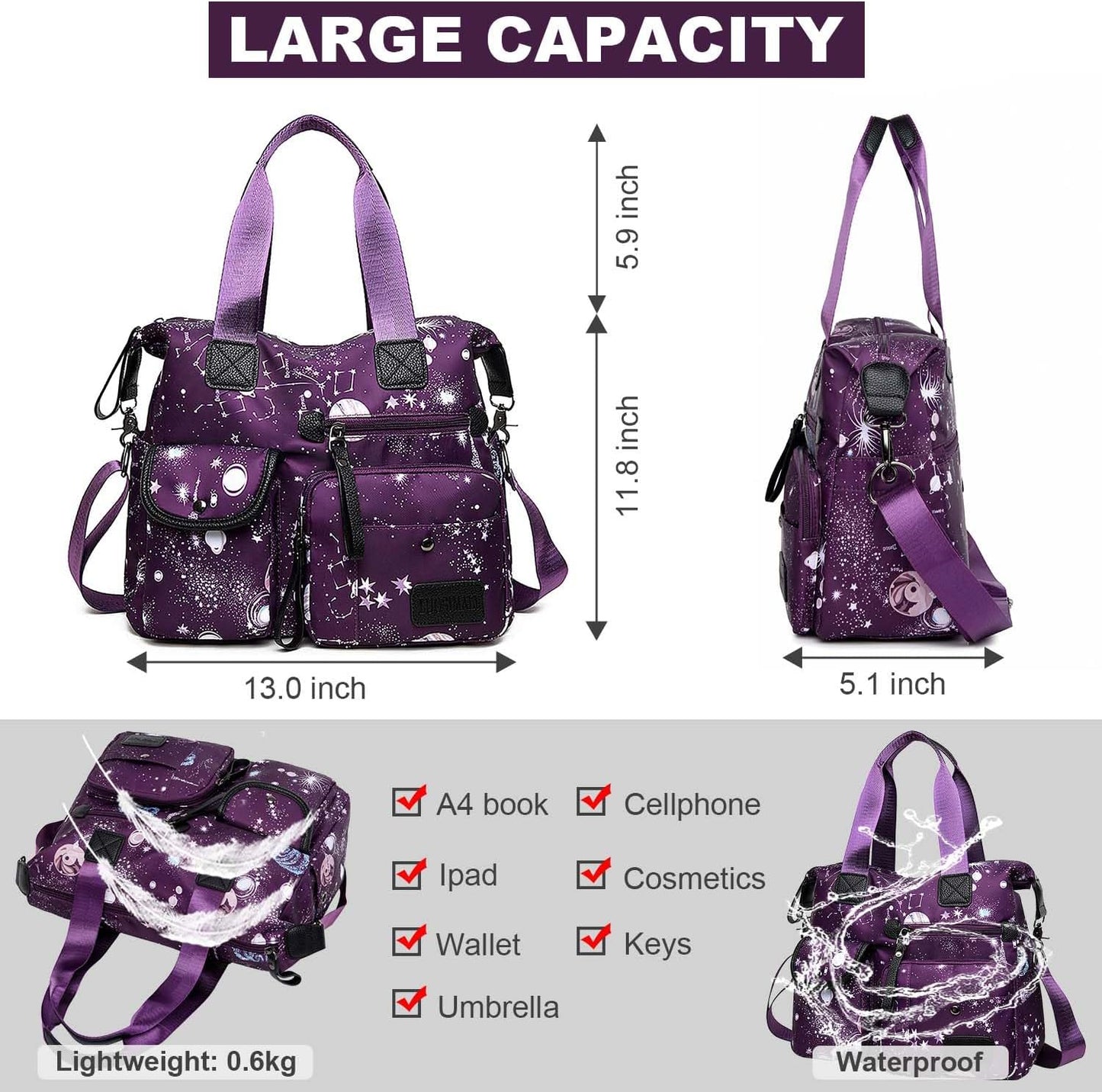Tote Bag for Women,Multi Pockets Shoulder Handbag,Nurse Bag for Work,Large Cross body Purse,Fashion Nylon Top Handle Satchel