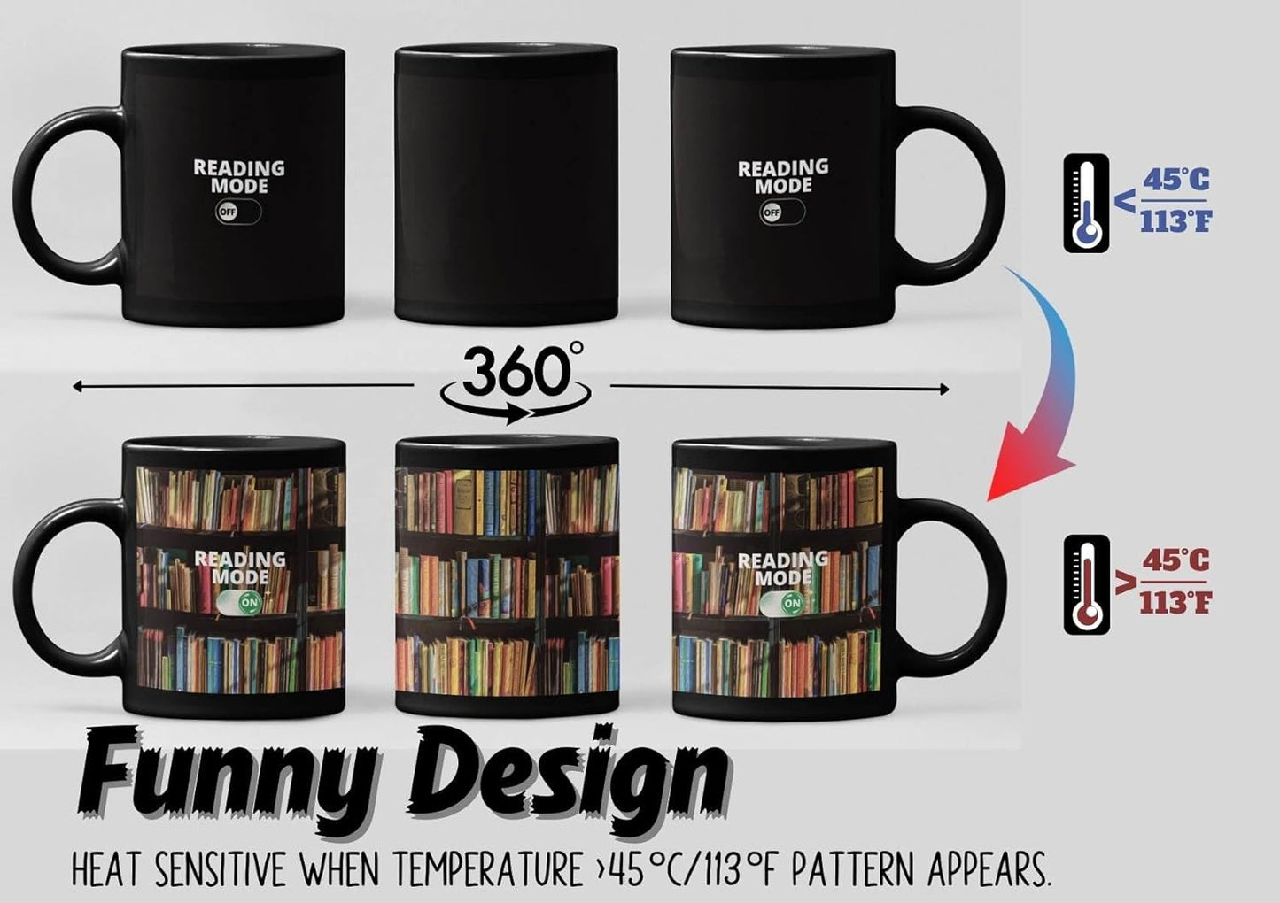 Onebttl Funny Book Lovers Color Changing Coffee Mug - Reading Magic Heat Changing Mug - Book Lovers Gifts for Women - Reading Gifts for Book Worms, Librarians, Readers - (Black)