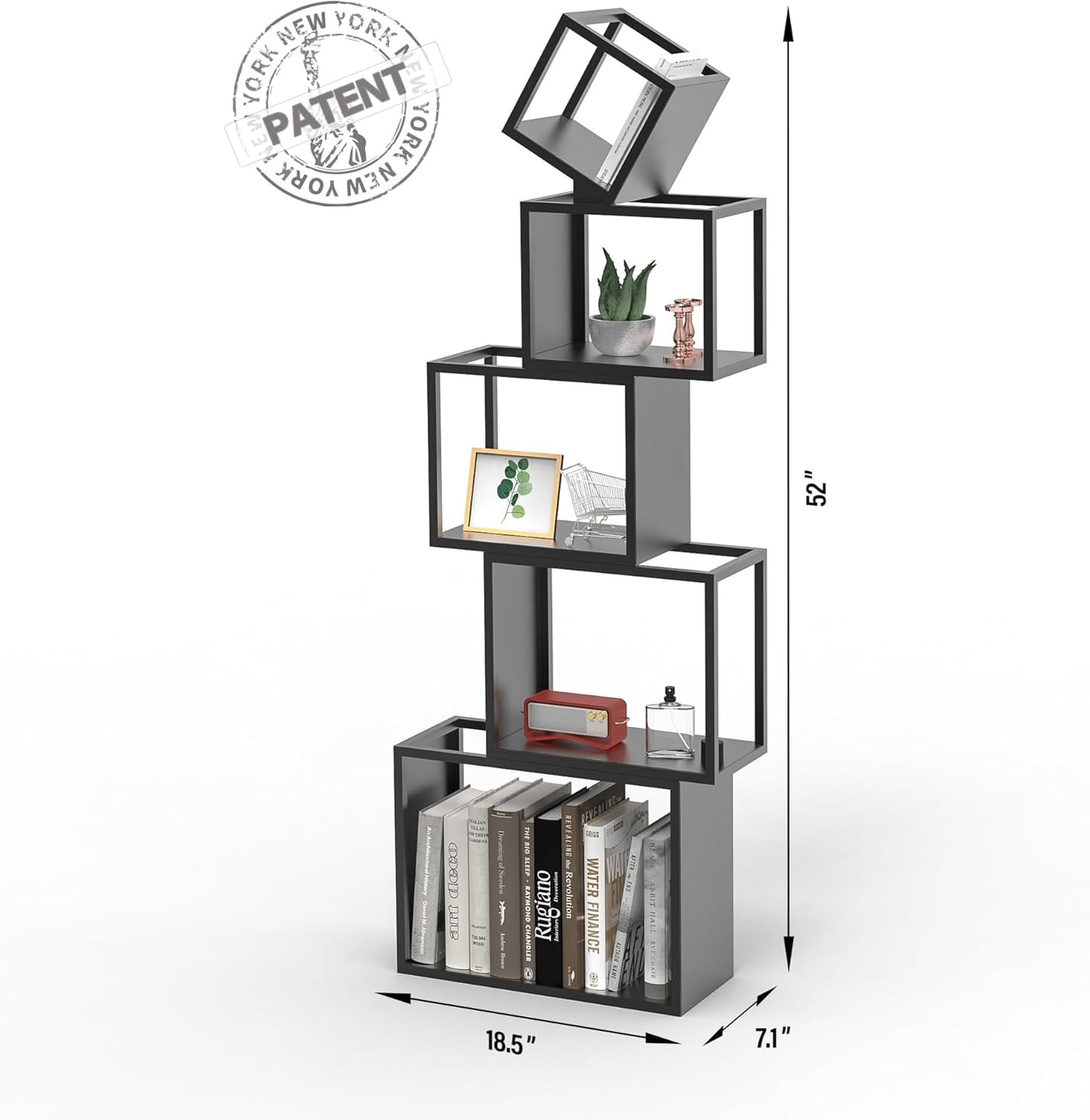 5-Tier Black Unique Metal Bookshelf – 52" Modern Bookcase for Books, CDs & Collectibles – Stylish Storage & Display Shelf for Living Room, Bedroom, Office