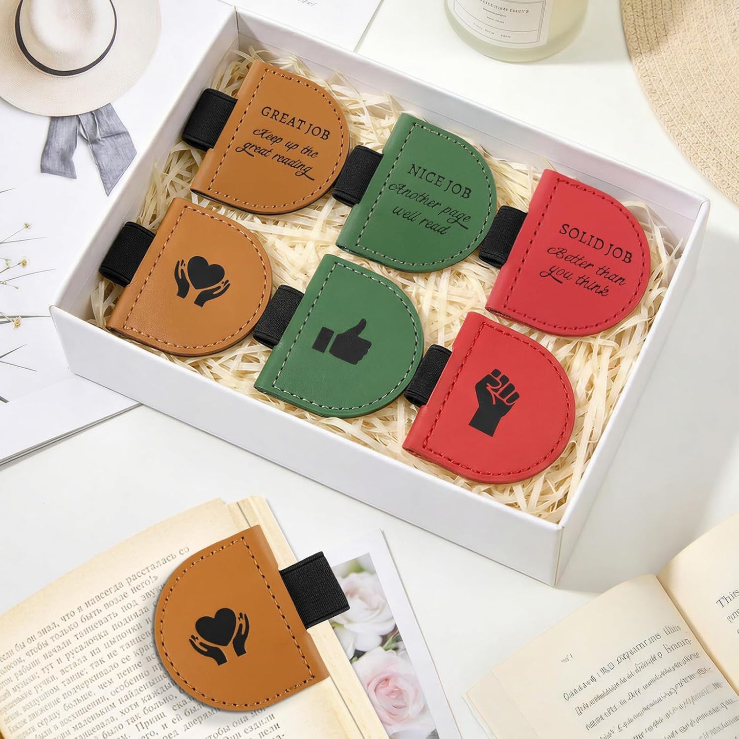Magnetic Bookmark with Pen Holder for Reading, PU Leather Bookmark Clip for Books, Study Accessories for Students Teachers, Book Lover Gifts（3PC）