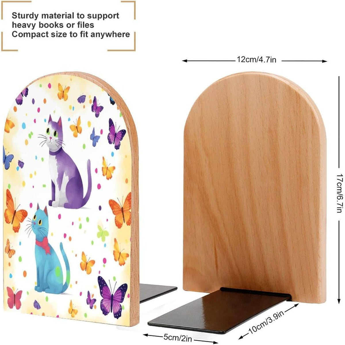 Non-Slip Bookend for Shelves Butterfly Polka Dot and Cat Wooden Bookends with Metal Base Decorative Book Stopper for Home Heavy Duty Wood Book Storage for Books/CDs