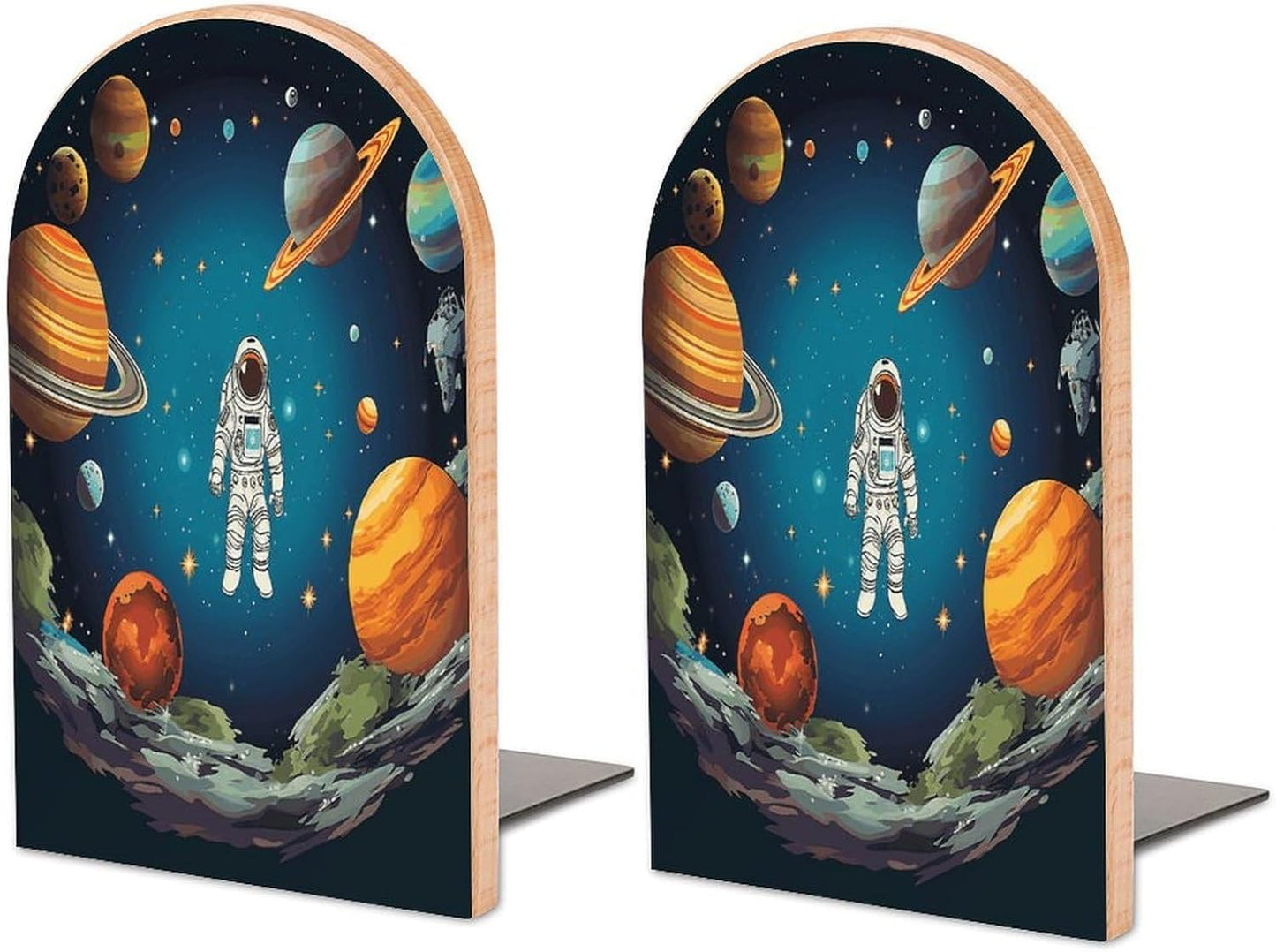 Outer Space Rocket Astronaut Bookend for Shelves Wooden Book End Large Size Sturdy Book Holders Stoppers with Metal Base for Bookshelves Slick Decorative Bookends Stands
