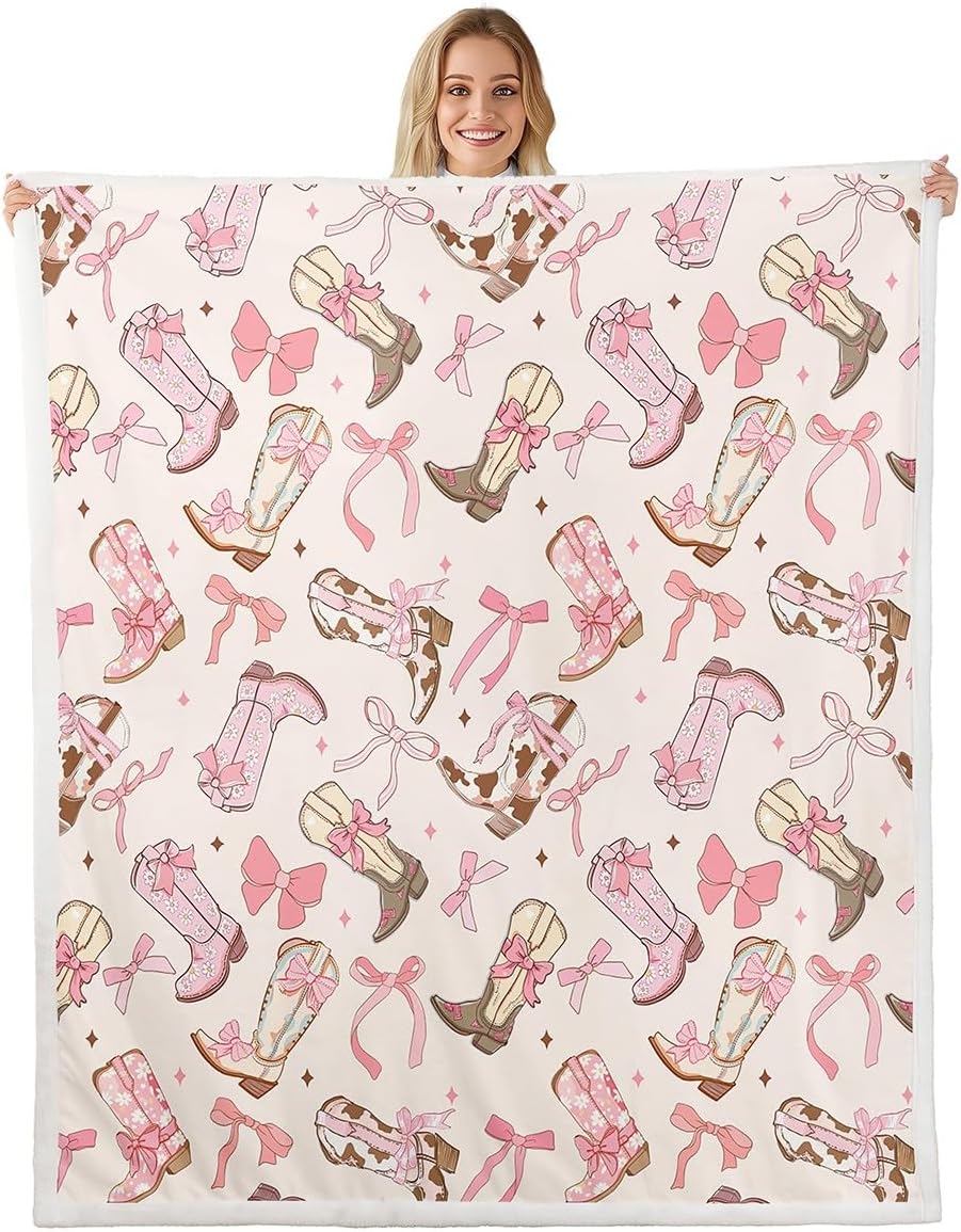 Feelyou Pink Bow Fleece Throw Blanket Baby 30"x40" Kids Cute Bowknot Plush Blanket for Boys Teens Girls Bow Sherpa Blanket Breathable Western Boots Fuzzy Blanket Bow