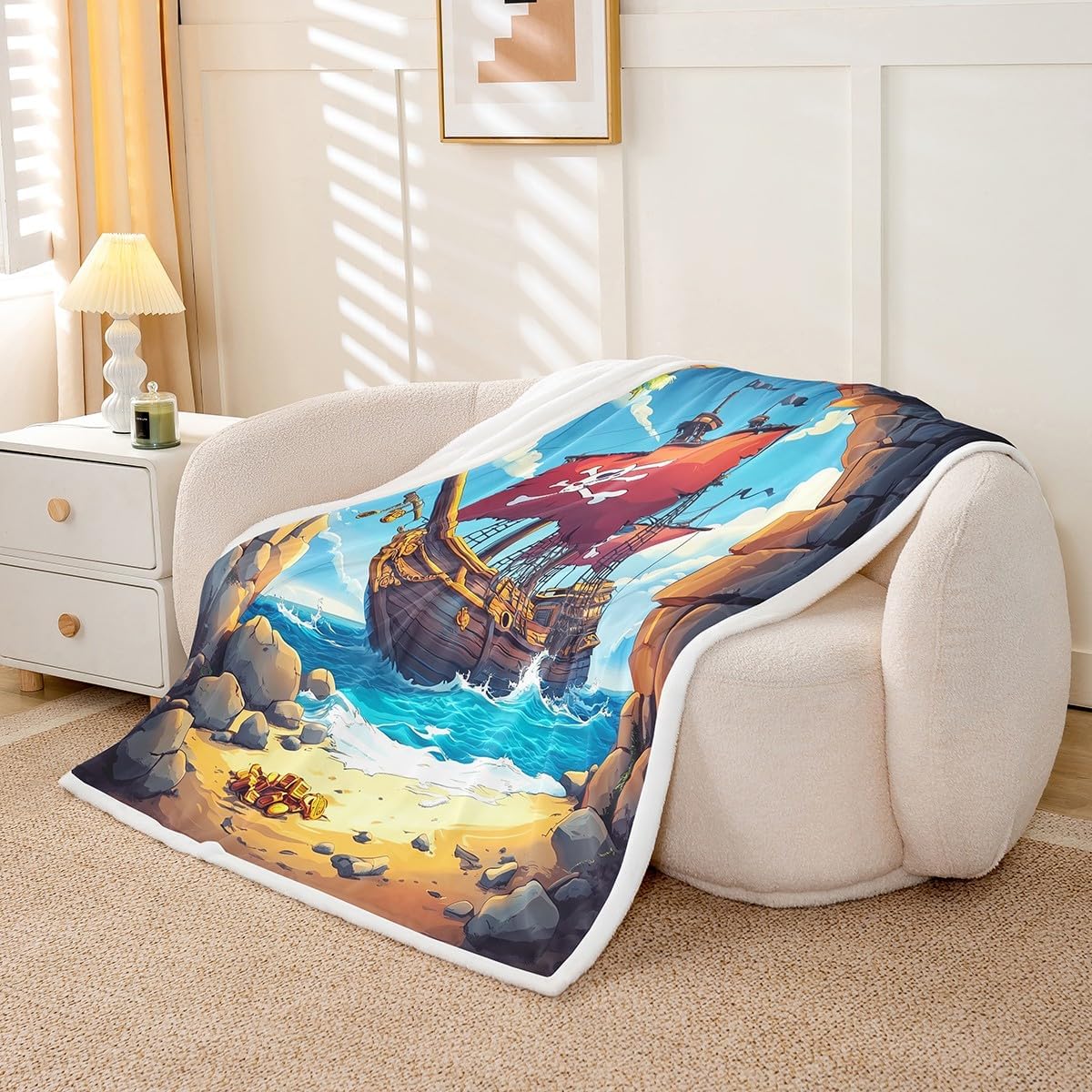 Castle Fairy Pirate Boat Blanket Navigation Treasure Adventure Throw Blanket for Kids Gothic Sugar Skull Sherpa Blanket Warm Lightweight Nautical Throw 50x60 Inch Living Room Decor Blanket