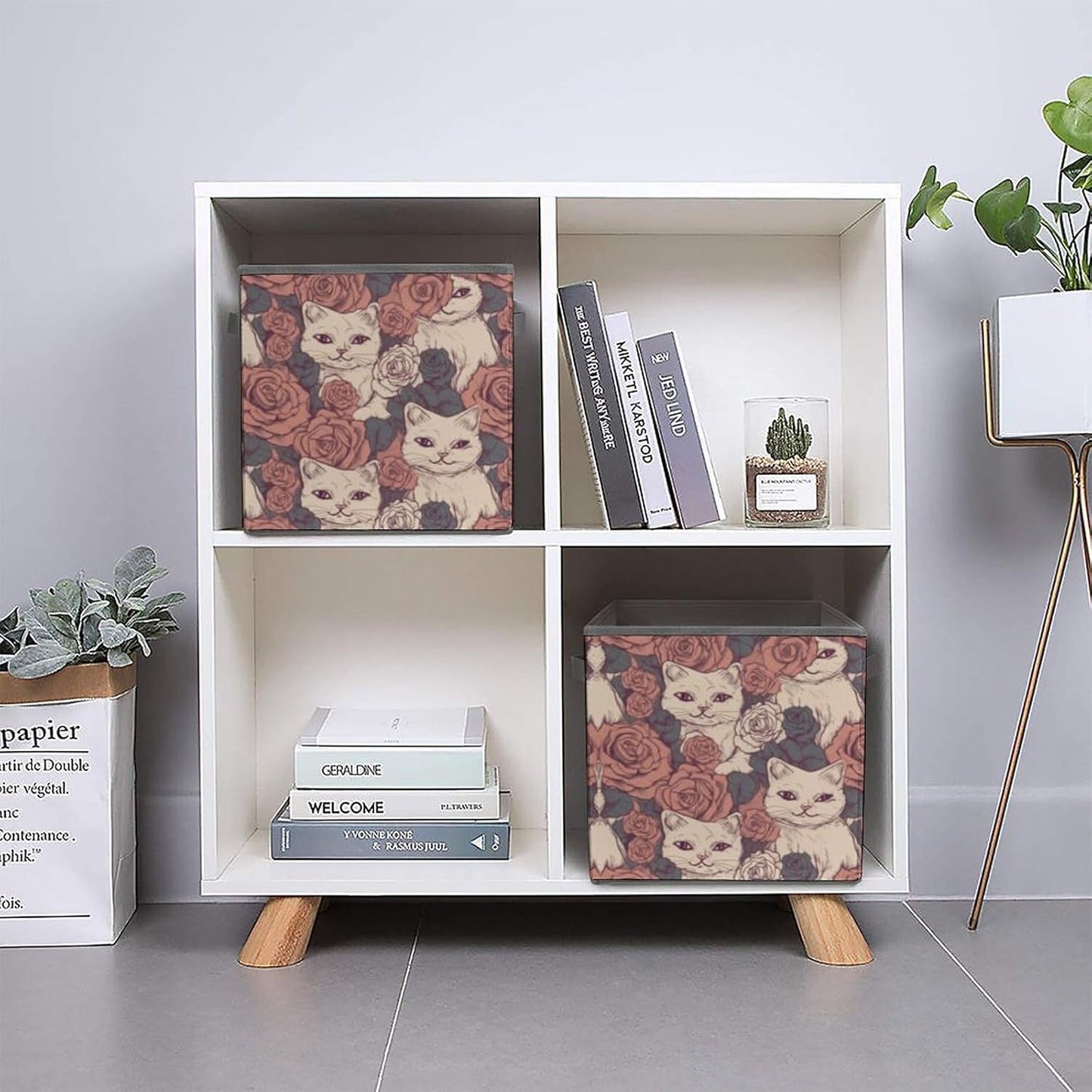 Rose Cat Storage Bins with Handles Fashion Large Storage Cubes Sturdy Foldable Storage Boxes Space-Saving Storage Baskets for Home Office Clothes Closet Organizers