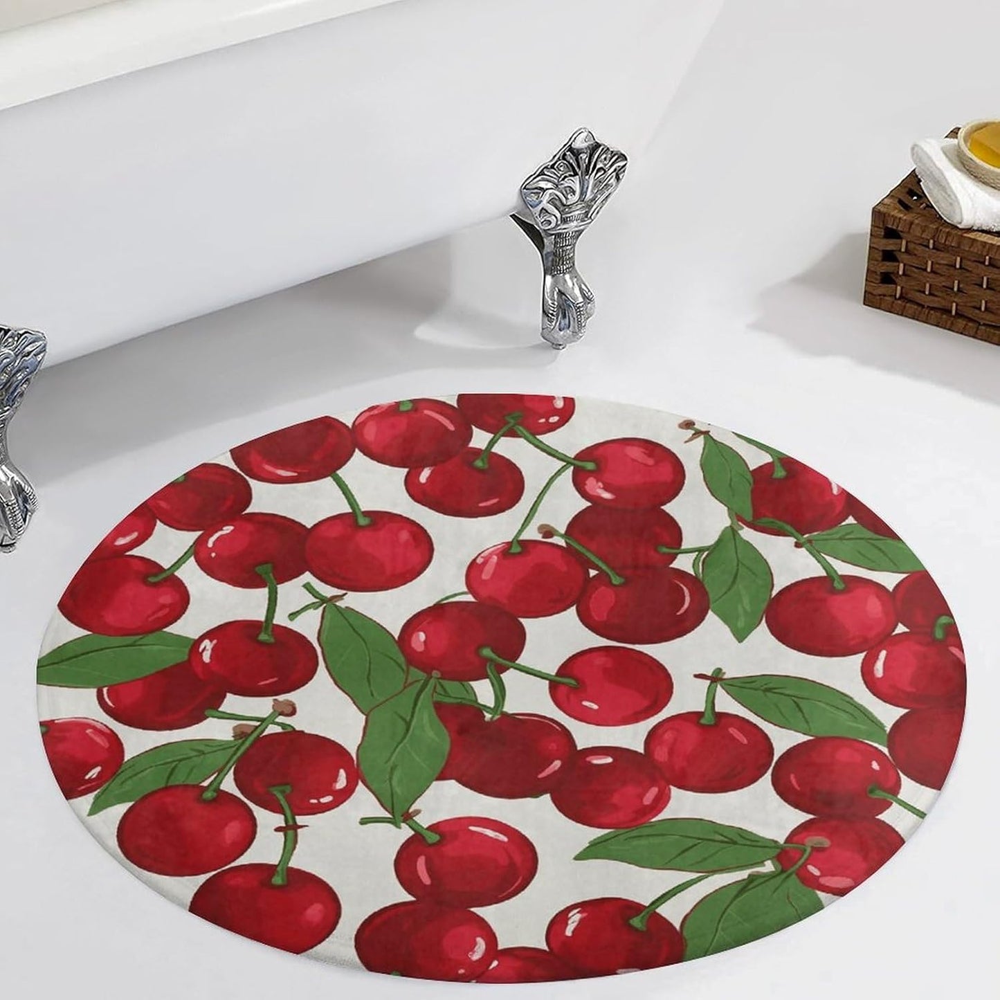 Red Cherries Circle Rug Retro Luxury Coral Velvet Floor Mat Non Slip Soft Indoor Floor Carpet Comfy Thickened Area Rugs Modern Aesthetic Minimalist Carpets for Home Decor