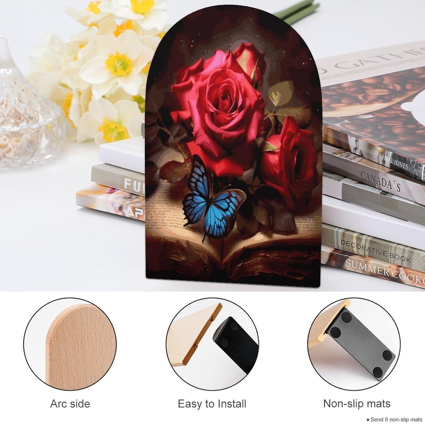 Beautiful Flower Butterfly Roses Bookend for Shelves Wooden Book End Large Size Sturdy Book Holders Stoppers with Metal Base for Bookshelves Slick Decorative Bookends Stands