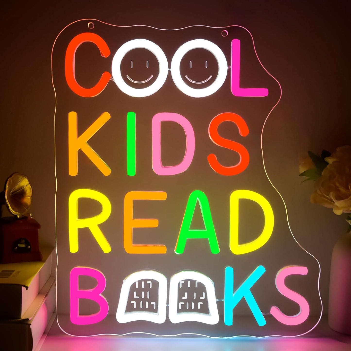 Cool Kids Read Books Neon Sign for Wall Decor Read Books Neon Light for Classroom Dimmable Reading LED Light Up Sign for Study Room Kids Room Library Bedroom Birthday Gifts Size 12.9*10.7 In(TWP253)