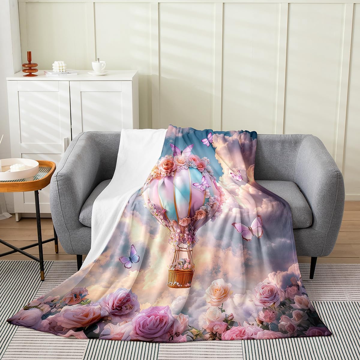 Castle Fairy Romantic Hot Air Balloon Throw Blanket Garden Pink Purple Rose Butterfly Decor Flannel Blanket for Kids Girls Teens Adults 3D Dreamy Sky Print Bed Blanket for Bed Sofa Throw 50x60