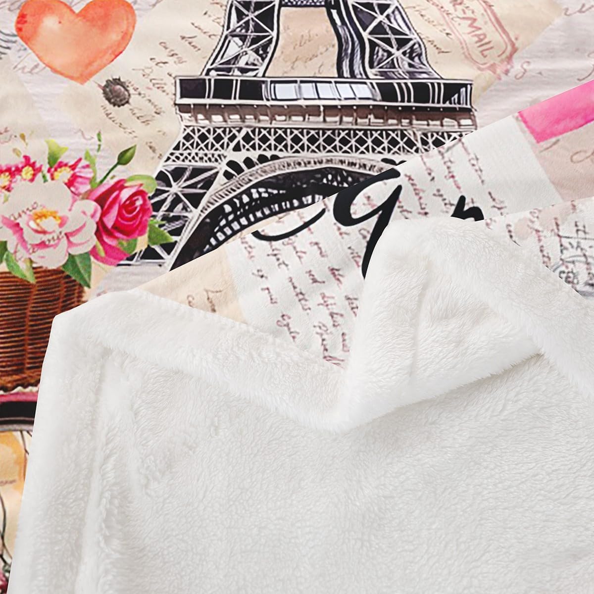 Feelyou Eiffel Tower Sherpa Throw Blanket Girls Chic Romantic Paris Theme Fleece Blanket for Bed Sofa Couch Women Teens Pink Floral Flowers Plush Blanket Retro French Letter Room DecorThrow 50"x60"