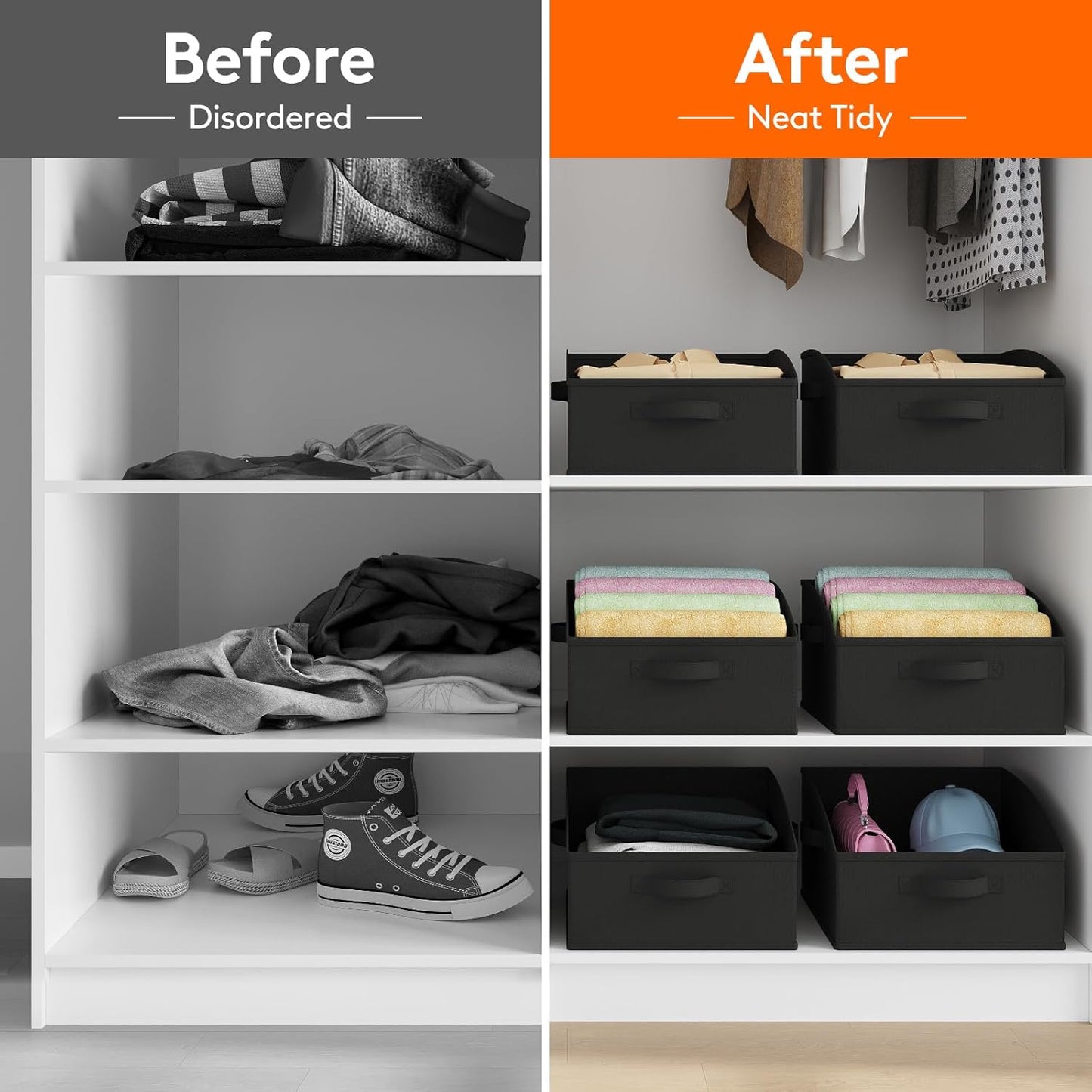 Lifewit Trapezoid Closet Storage Bins for Shelf, 6 Packs Non-woven Closet Organizer Baskets with Handles, Foldable Clothes Containers Boxes for Clothing, Book, Purse, 16L, Medium, Black