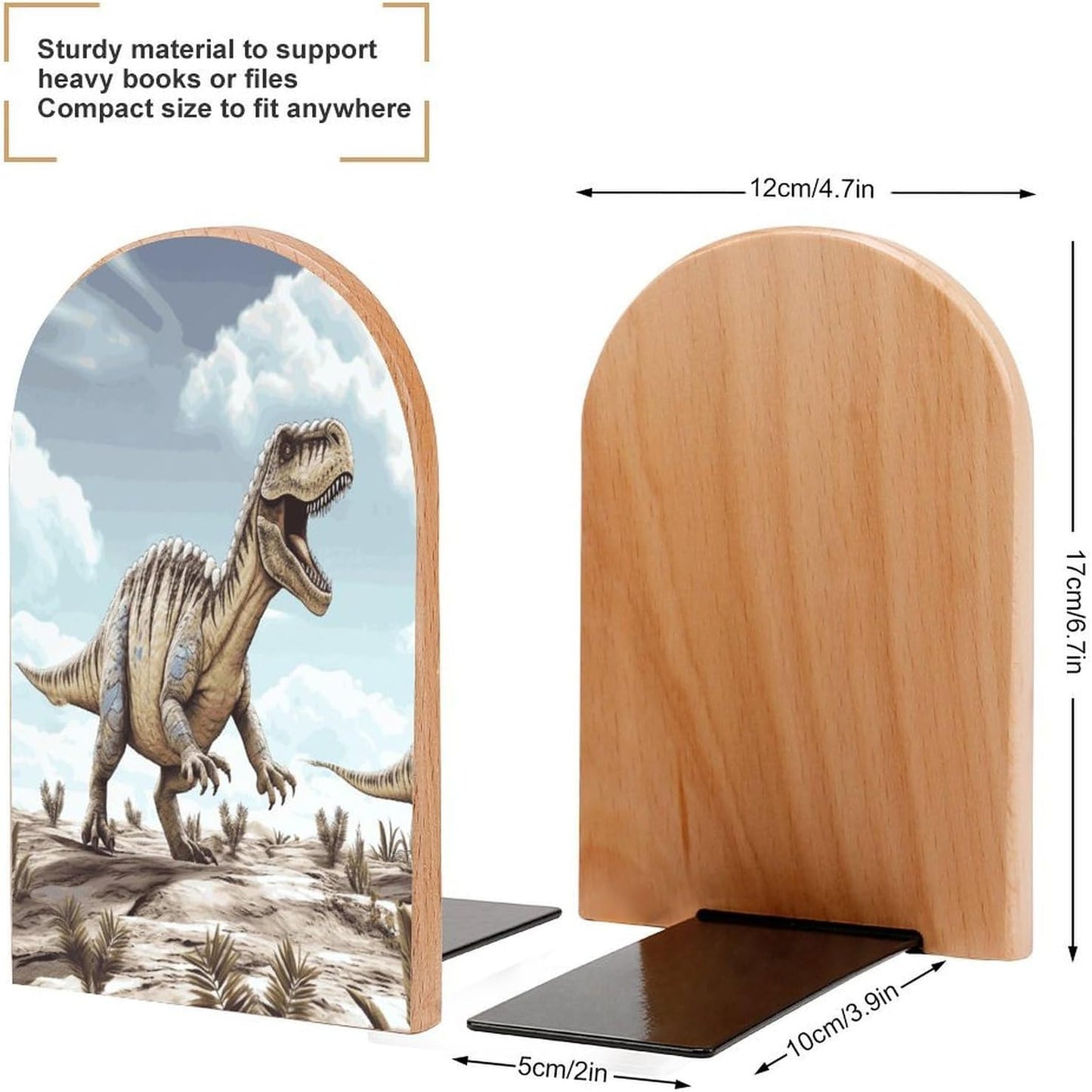 Dinosaur Walking Dinosaur Walking Bookend for Shelves Wooden Book End Large Size Sturdy Book Holders Stoppers with Metal Base for Bookshelves Slick Decorative Bookends Stands