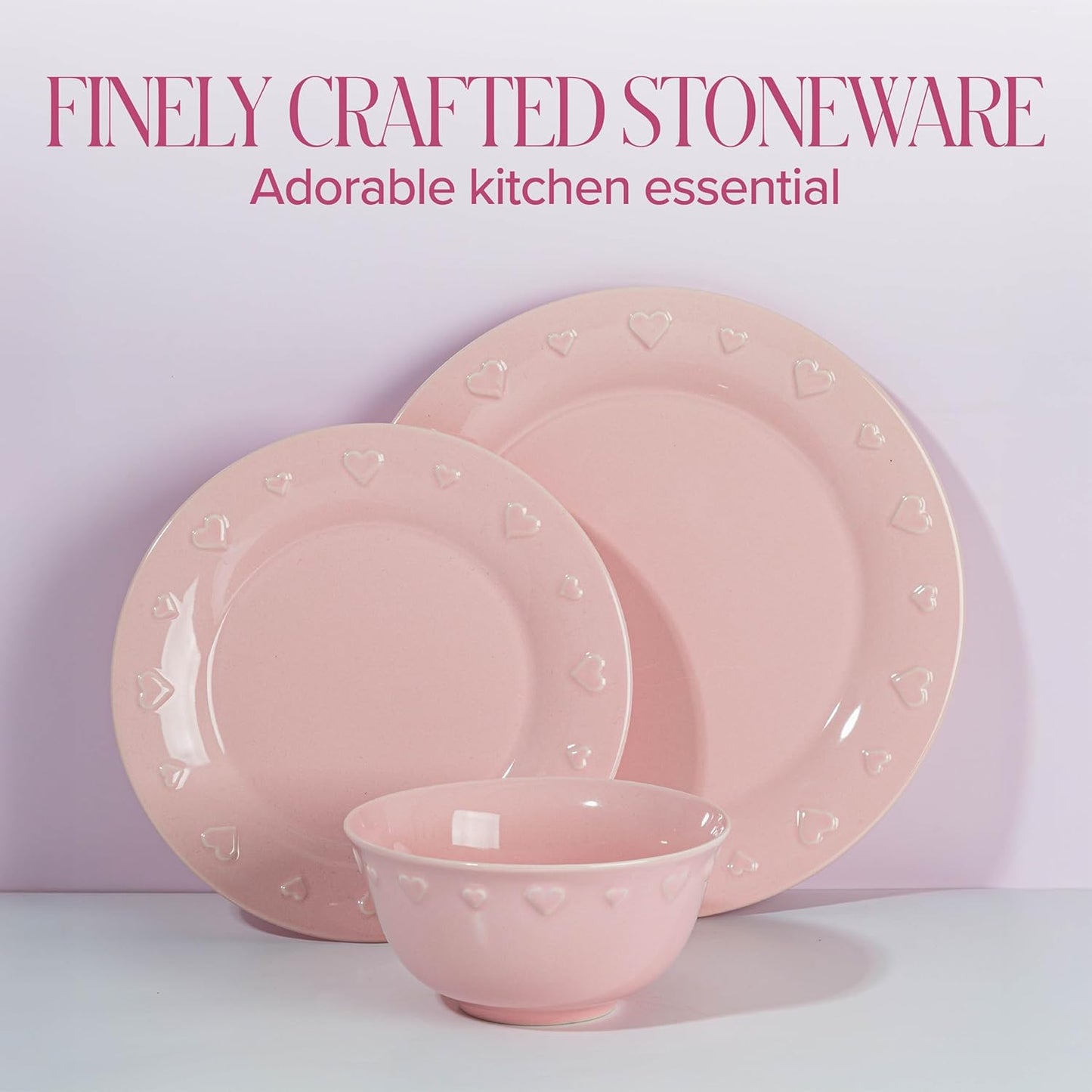 Paris Hilton 12-Piece Dinnerware Set, Embossed Hearts. Iconic Ceramic Stoneware Service for 4 with Dinner Plates, Salad Plates, and Bowls, Microwave & Dishwasher Safe, Pink