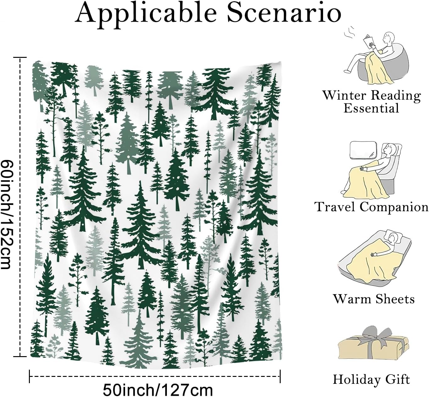 Christmas Tree Throw Blanket, Green Pine Trees Fuzzy Blanket, Winter Forest Christmas Holiday Soft Cozy Flannel Blanket for Bed Couch Sofa, 50x60 Inches
