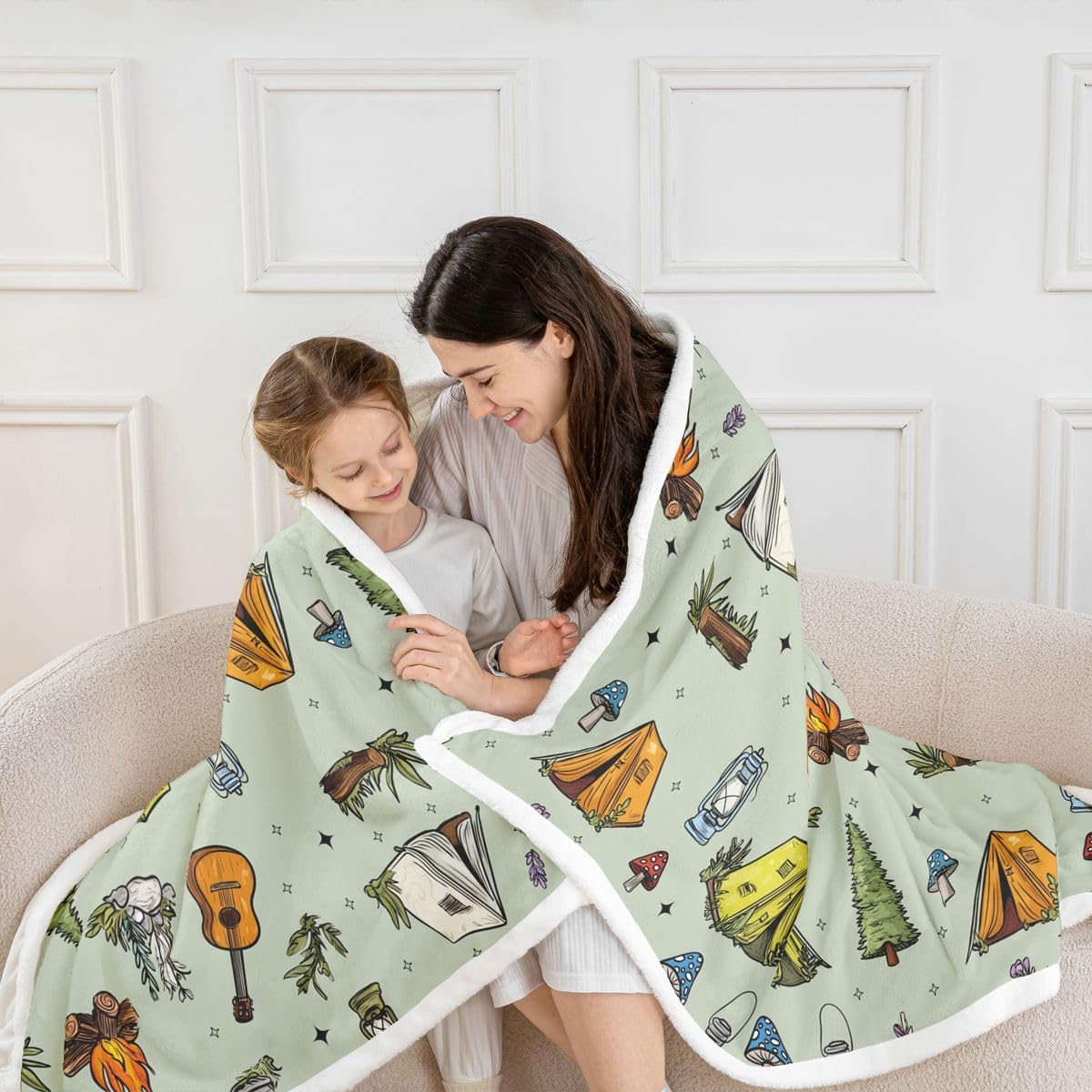 Feelyou Green Camping Camper Sherpa Throw Blanket for Couch Campfire Music Guitar Super Soft Cozy Fleece Happy Camping Blanket for Winter, Plush Throw Throw 50"x60" All Season