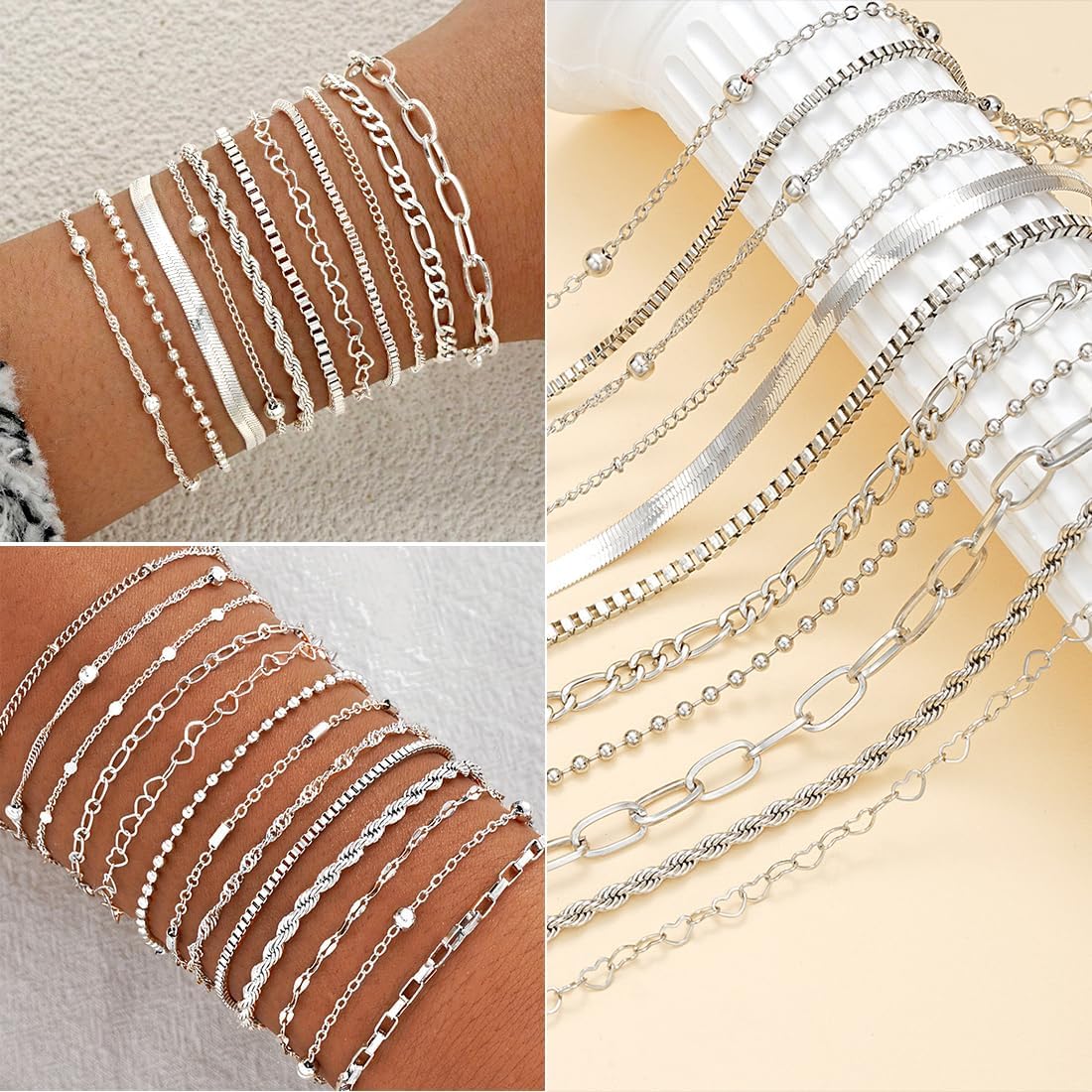 47pcs Gold Jewelry Set With 3 PCS Necklace, 11 PCS Bracelet,20pcs Hoop Stud Earrings,7pcs rings set For Women For Birthday Gifts