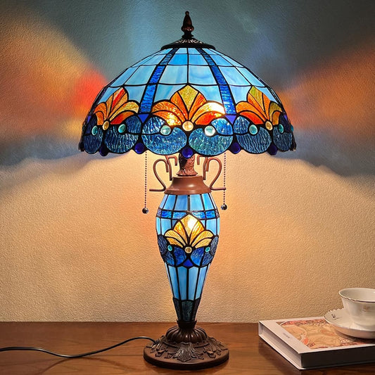 Tiffany Table lamp with nightlight,Blue Stained Glass Desk Light - Antique Style 16” Large 3-Lights Nightstand Bedside Reading Light for Living Room Bedroom Office