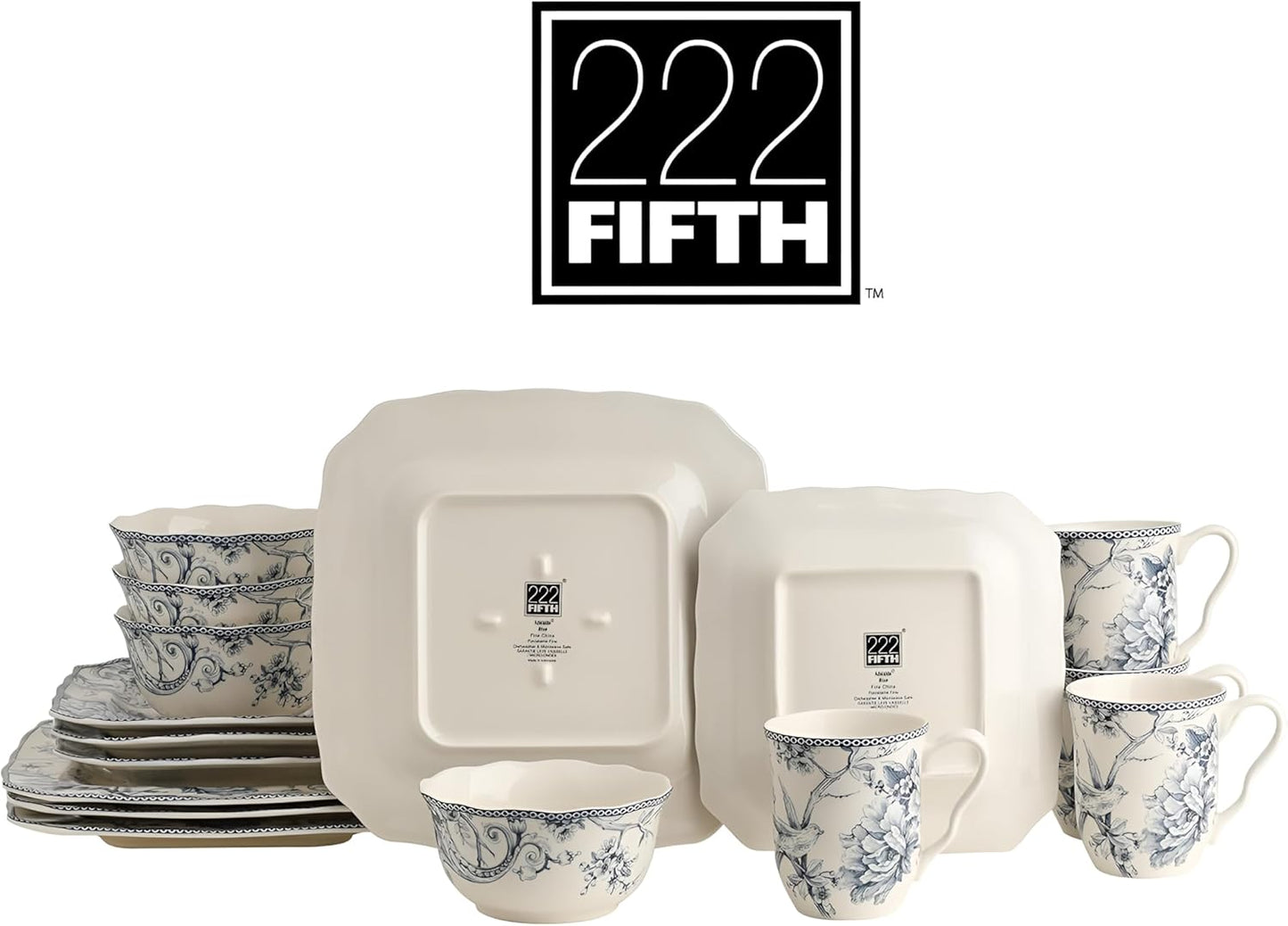 222 Fifth Adelaide 16-Piece Floral Porcelain Dinnerware Set | Microwave and Dishwasher Safe Dining Set for 4 | Stackable and Chip-Resistant Plates Bowls and Cups | Gift for Housewarming and Wedding