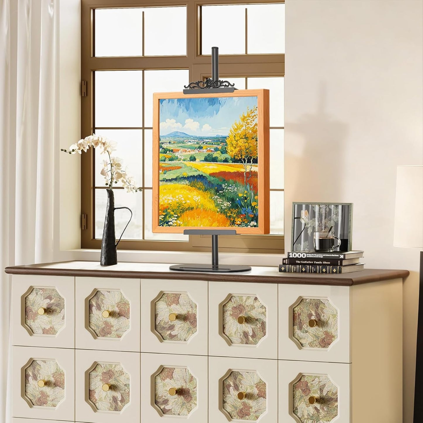 Adjustable Tabletop Picture Frame Stand with Removable Decorative Top,Metal Display Easel stand for Photos, Paintings,Signs & Canvas, Desktop Picture Holder for Frames up to 29.8" H (1 PACK)