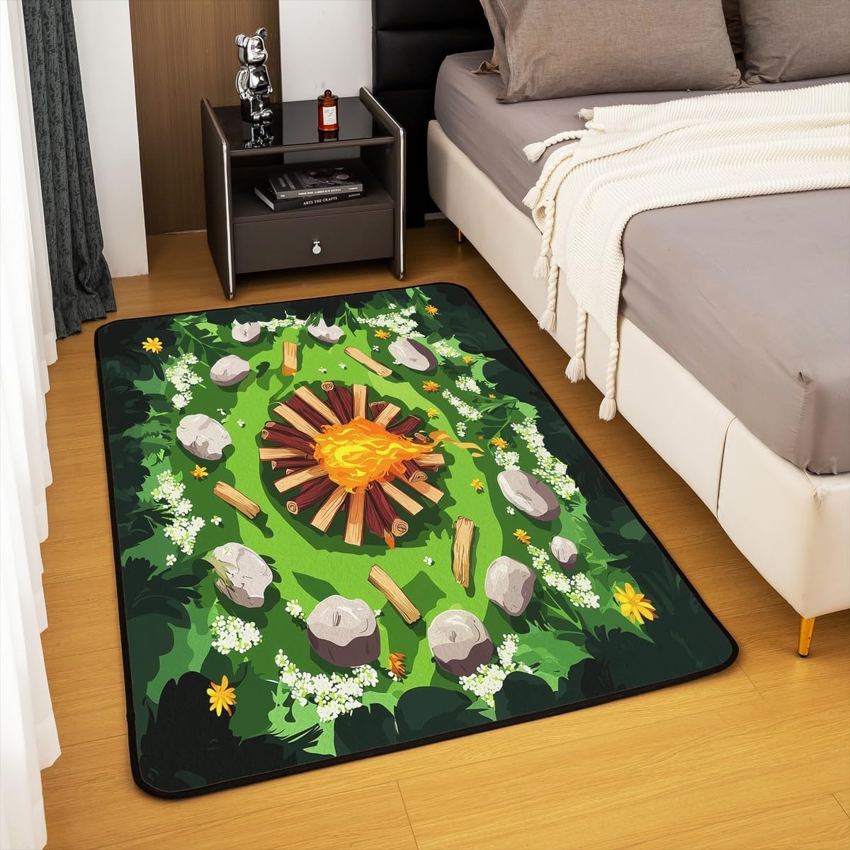 Castle Fairy Campfire Area Rug 3'x5',Cartoon Stones Green Tree Non Slip Rug for Kids Teen Boys Women Men,Camping Woodland Campsite Indoor Floor Mat for Dining Room Backyard Decor,Happy Camping