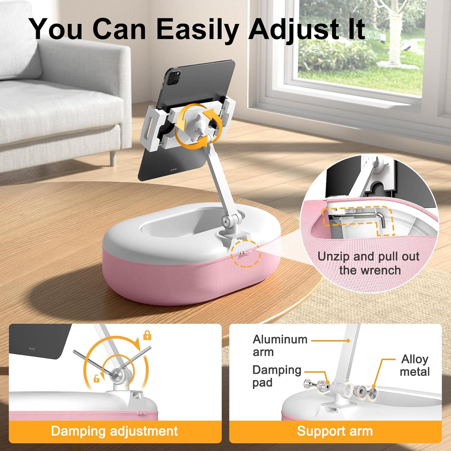 Beanbag Tablet Stand Raises Screen Height, Hands Free Reading Holder, Featuring Snack Bowl and Detachable Base for Cozy Reading in Bed or Couch, Compatible for Kindle, iPad, eBook,Pink