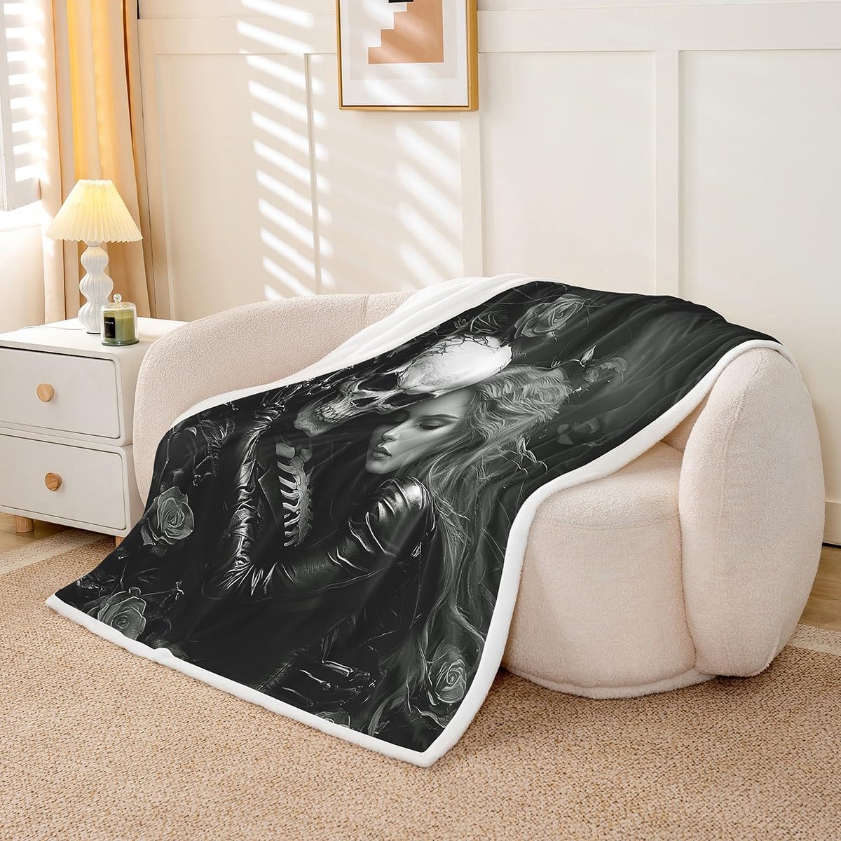 Erosebridal Black Valentines Day Blanket,3D Girl Sugar Kiss Skull Throw Blanket Queen,Gothic Rose Floral Fleece Blanket,Skull and Love Sherpa Blanket Valentine's Day Gift Decor