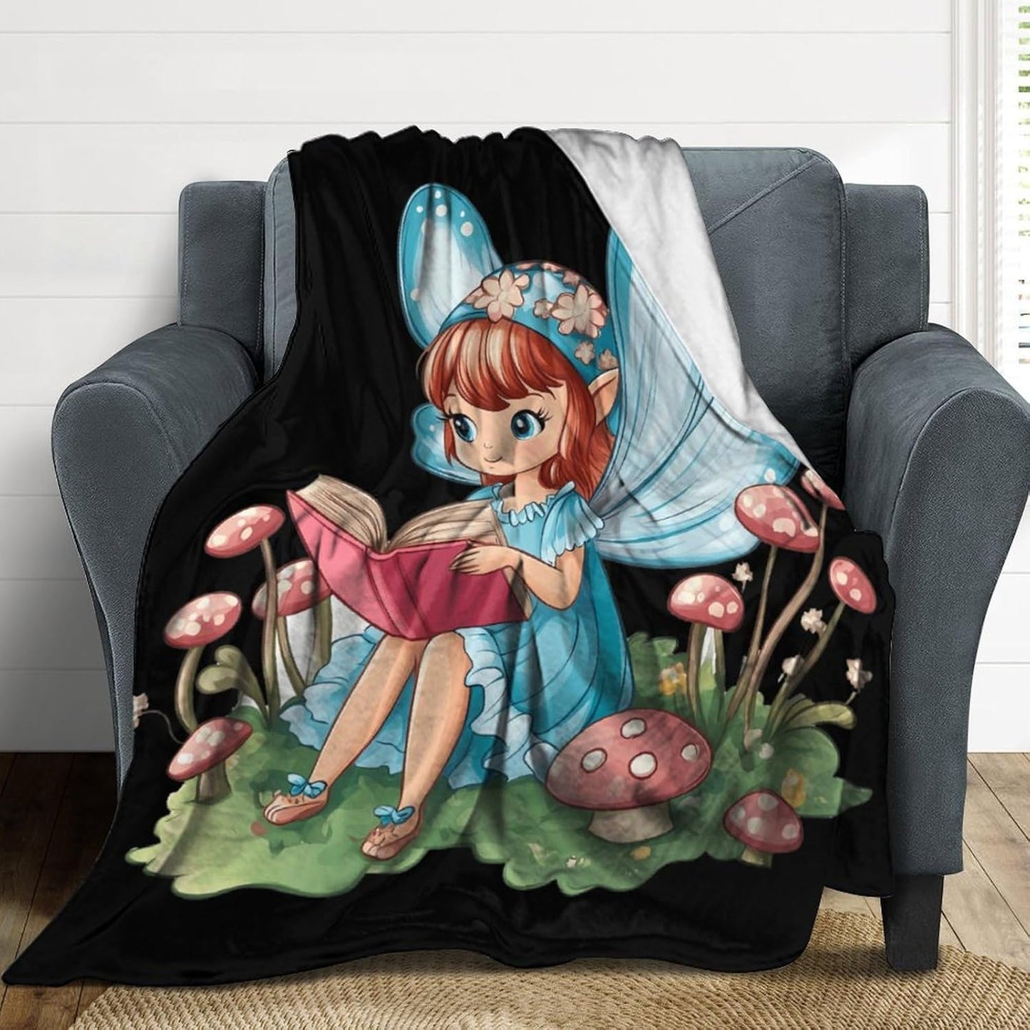 Fairy Mushroom Reading Flannel Blanket Cozy Fuzzy Plush Throw Blankets for Couch Bed 50"*60"（130 * 150cm）